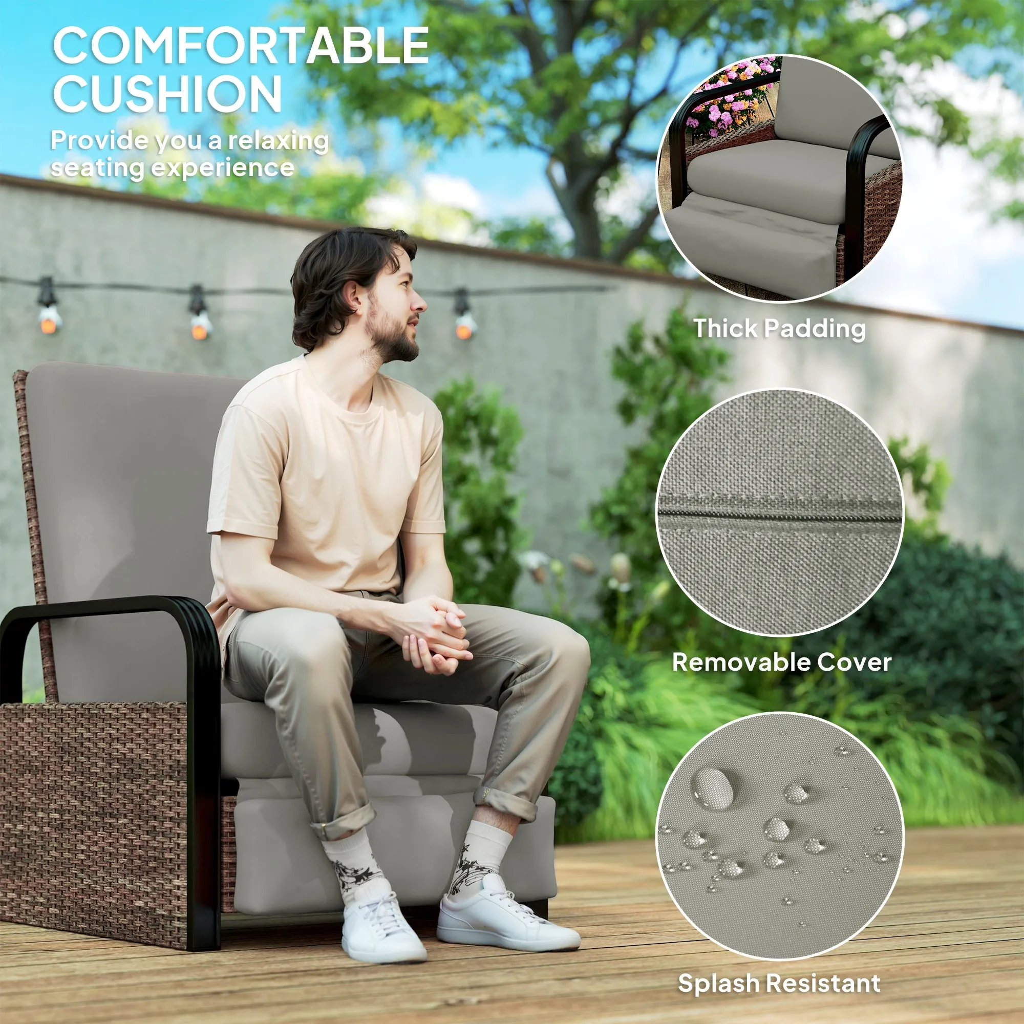 Outdoor Recliner Chair, Reclining Outdoor Lounge Chair with Adjustable Backrest and Footrest, Wicker Chair with Flip Side Table, Aluminum Armrests and Cushion, Light Grey