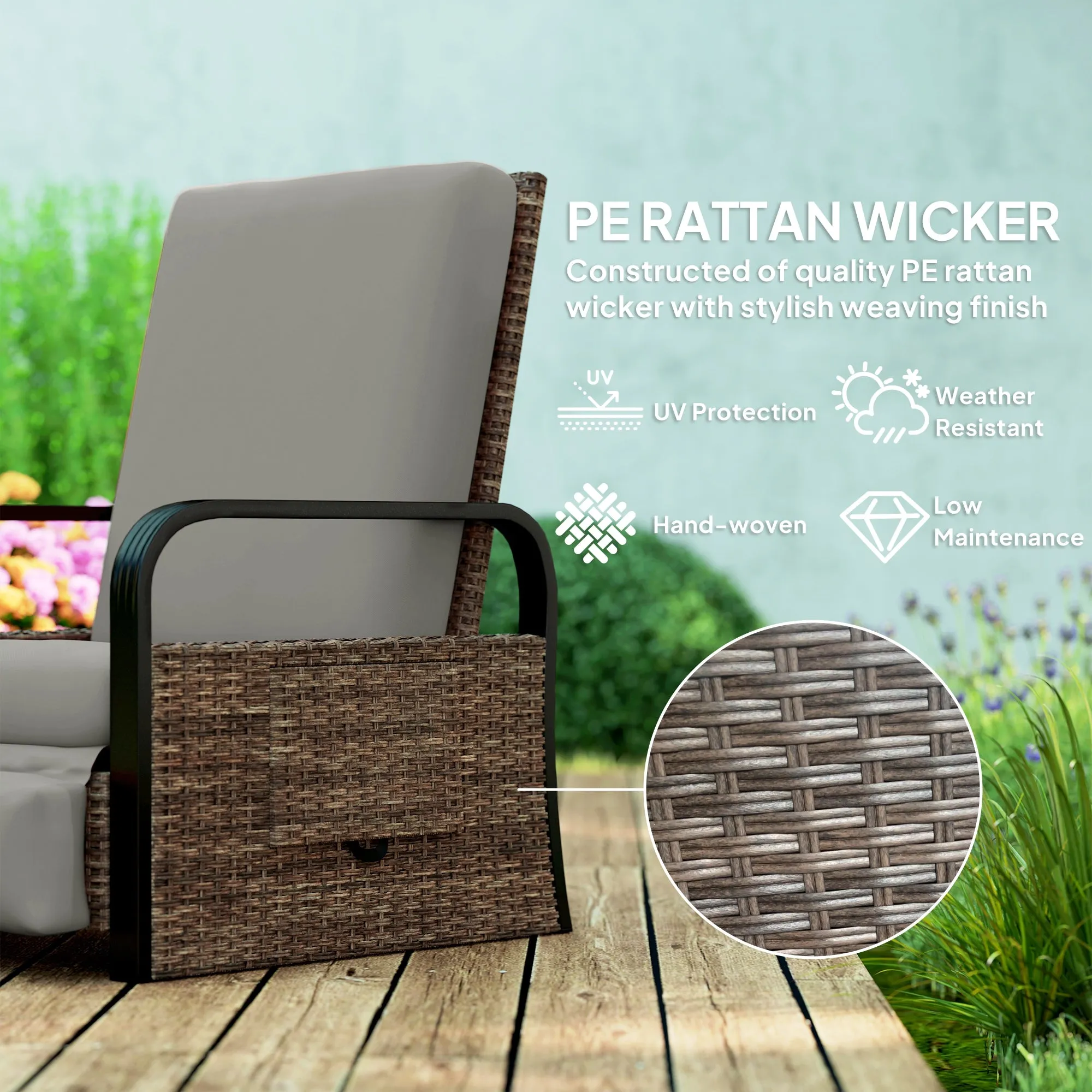 Outdoor Recliner Chair, Reclining Outdoor Lounge Chair with Adjustable Backrest and Footrest, Wicker Chair with Flip Side Table, Aluminum Armrests and Cushion, Light Grey