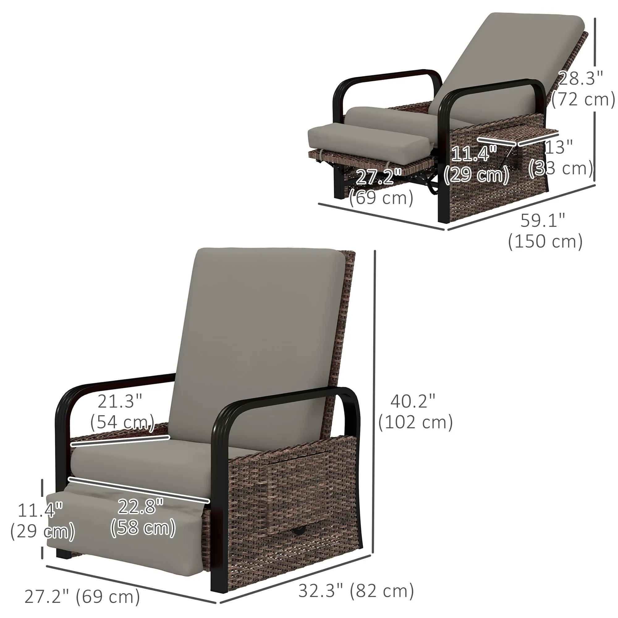 Outdoor Recliner Chair, Reclining Outdoor Lounge Chair with Adjustable Backrest and Footrest, Wicker Chair with Flip Side Table, Aluminum Armrests and Cushion, Light Grey