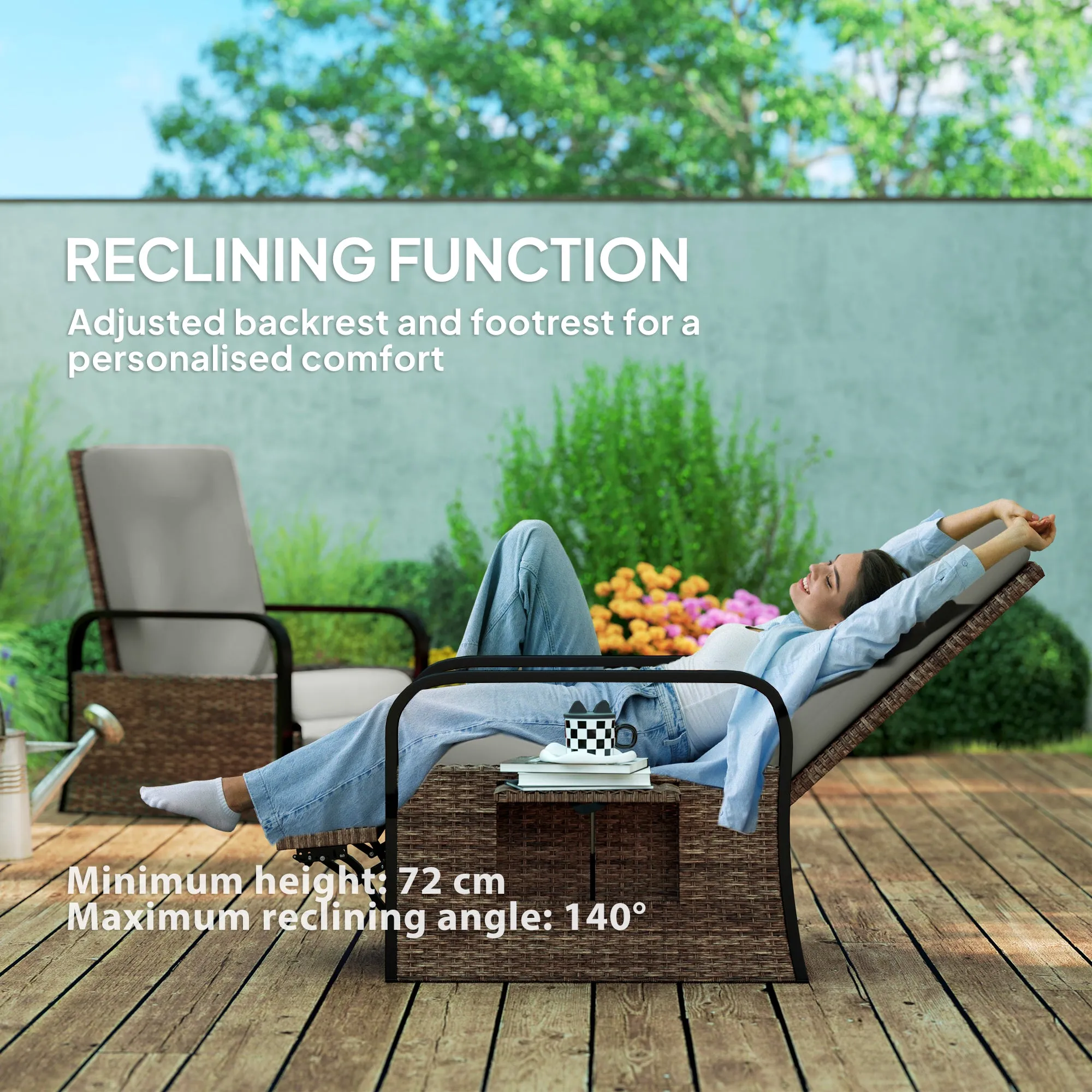 Outdoor Recliner Chair, Reclining Outdoor Lounge Chair with Adjustable Backrest and Footrest, Wicker Chair with Flip Side Table, Aluminum Armrests and Cushion, Light Grey