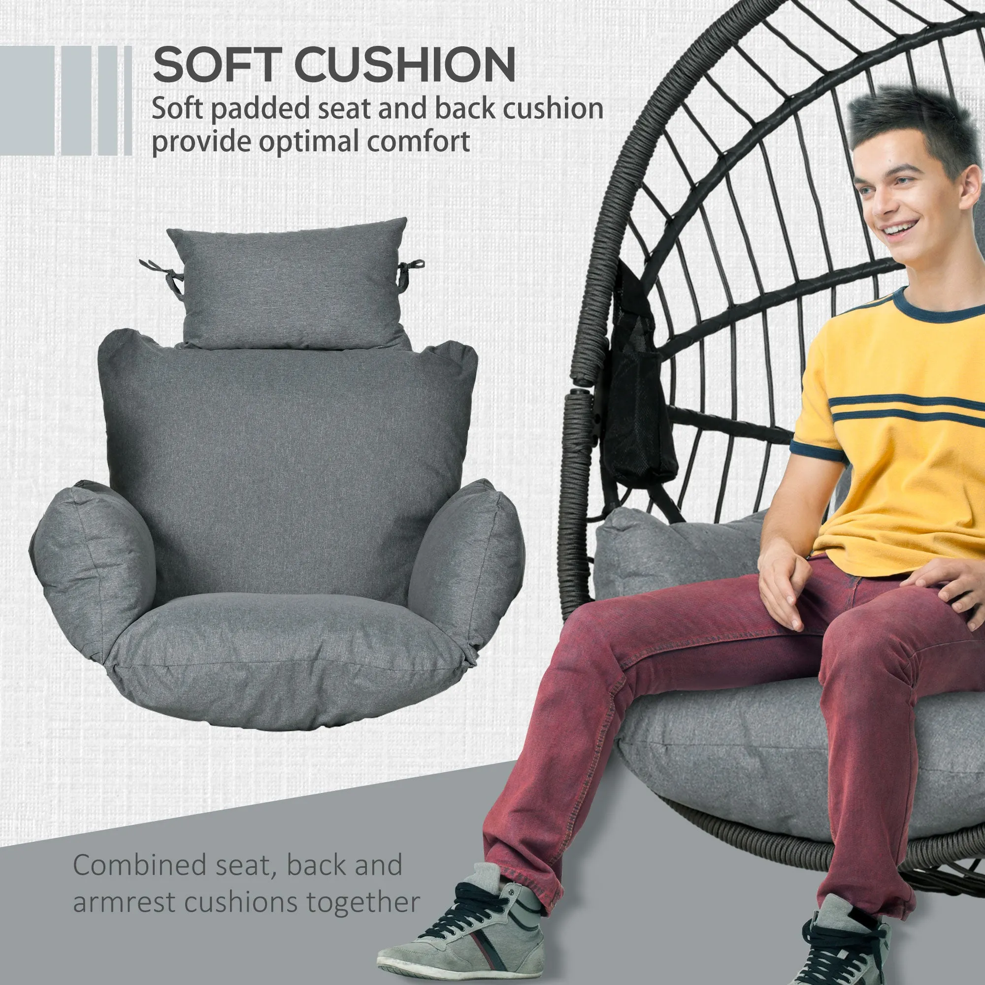 Outdoor Swing Chair with Thick Padded Cushion, Patio Hanging Chair with Metal Stand, Foldable Basket Egg Chair with Cup Holder, Rope Structure, for Indoor and Outdoor, Grey