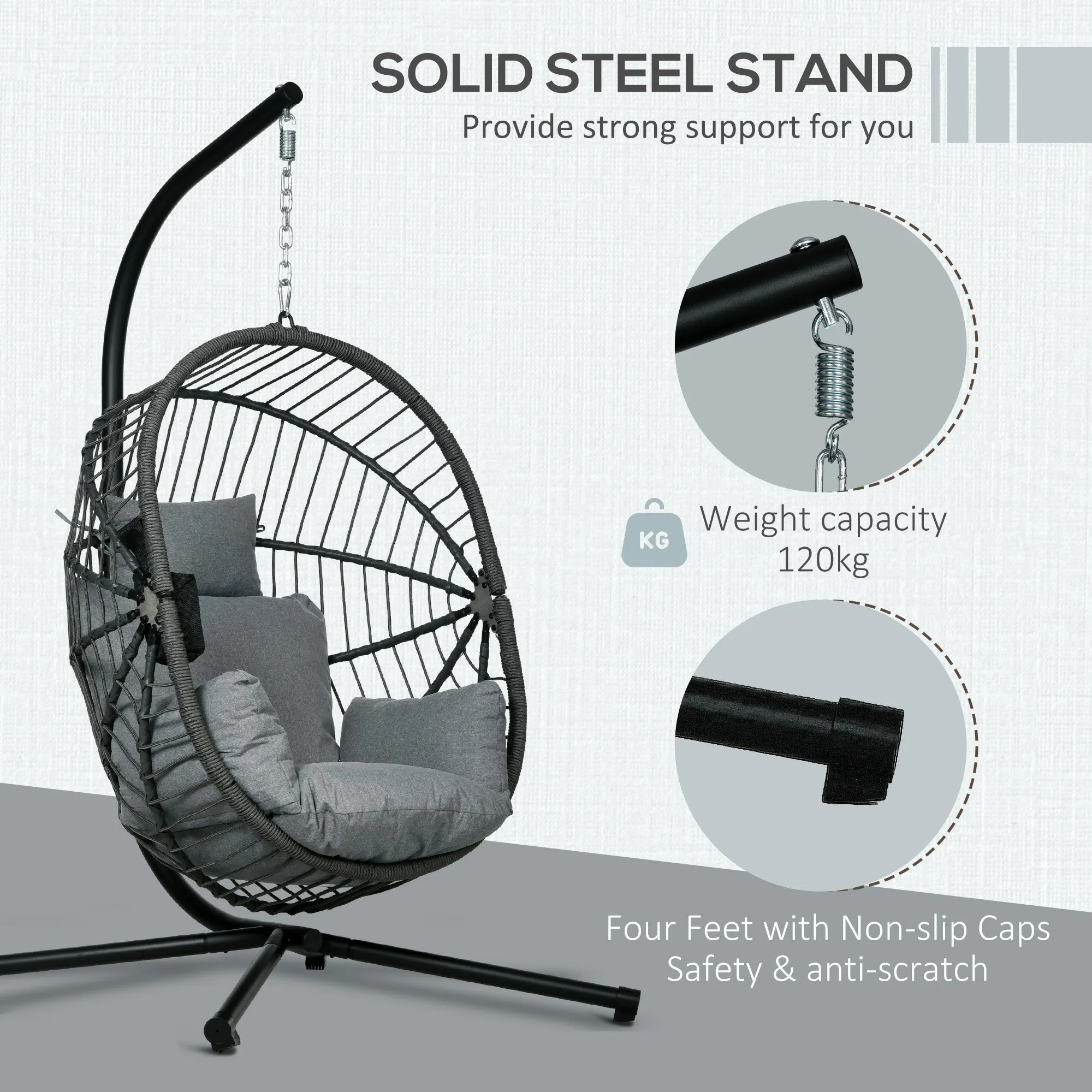 Outdoor Swing Chair with Thick Padded Cushion, Patio Hanging Chair with Metal Stand, Foldable Basket Egg Chair with Cup Holder, Rope Structure, for Indoor and Outdoor, Grey