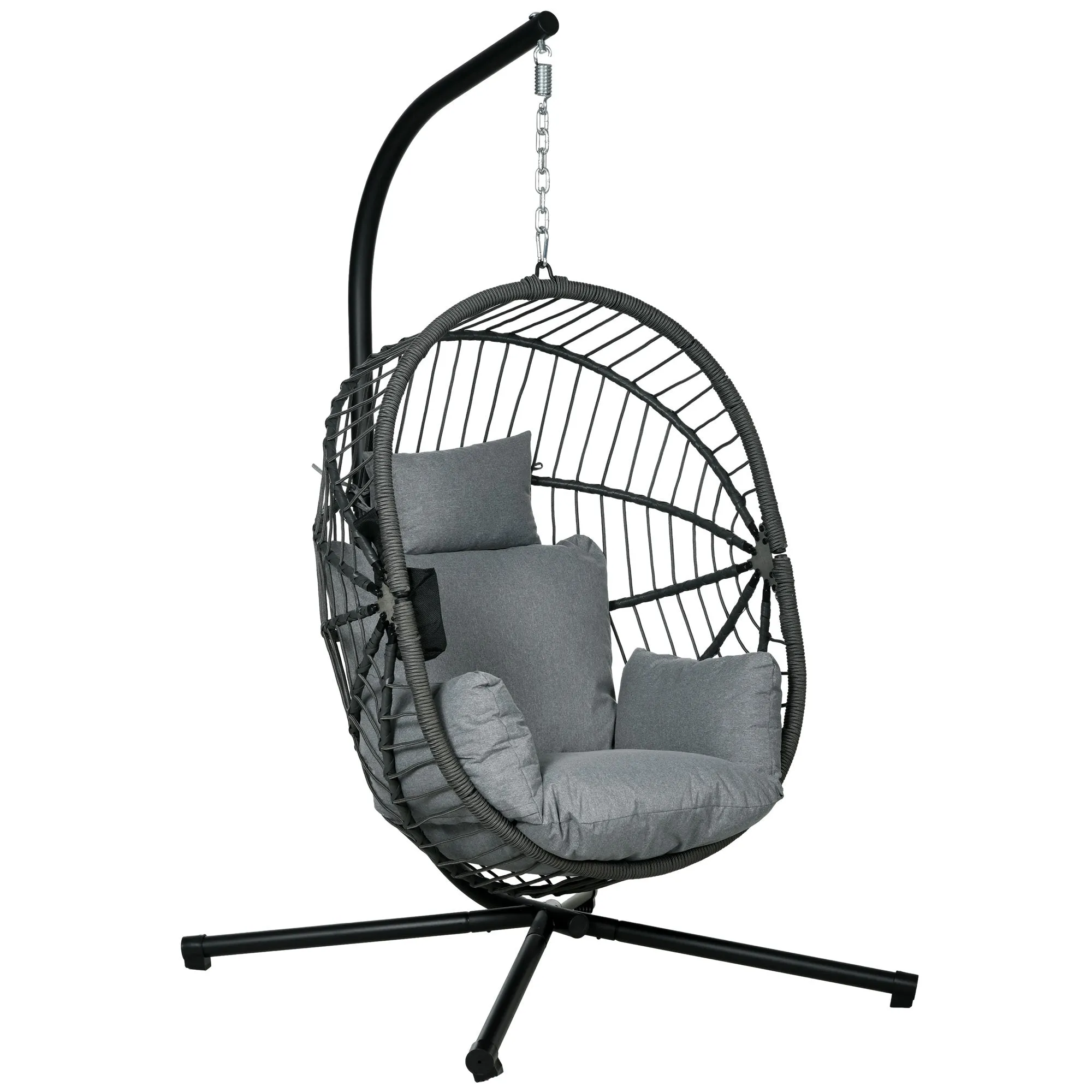 Outdoor Swing Chair with Thick Padded Cushion, Patio Hanging Chair with Metal Stand, Foldable Basket Egg Chair with Cup Holder, Rope Structure, for Indoor and Outdoor, Grey