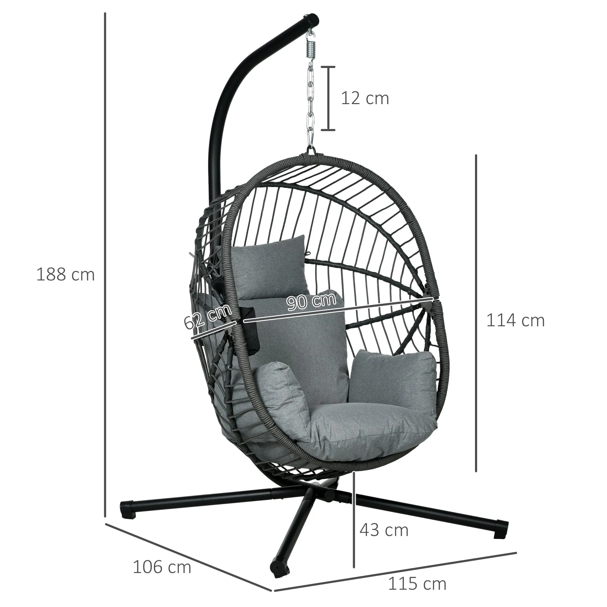 Outdoor Swing Chair with Thick Padded Cushion, Patio Hanging Chair with Metal Stand, Foldable Basket Egg Chair with Cup Holder, Rope Structure, for Indoor and Outdoor, Grey