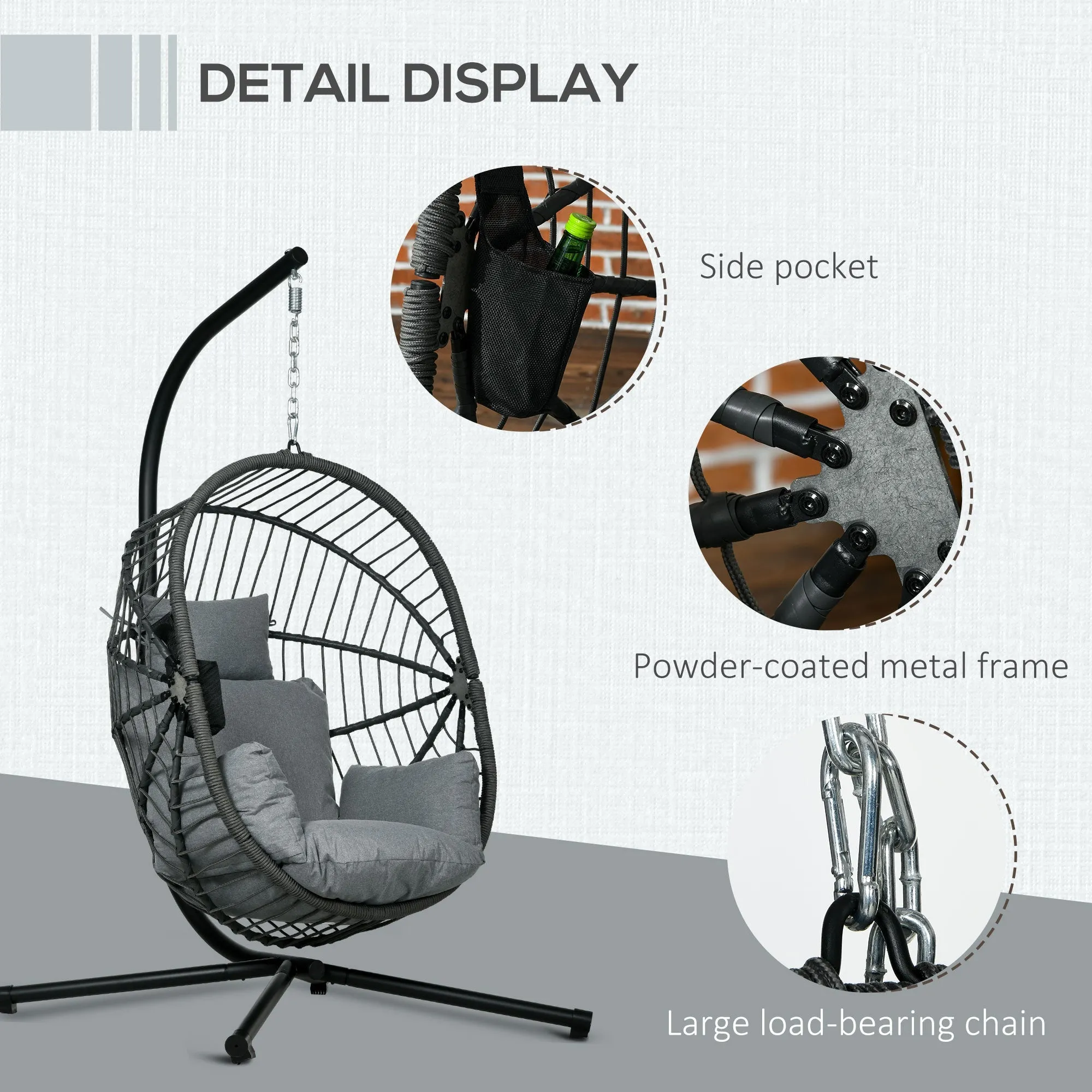 Outdoor Swing Chair with Thick Padded Cushion, Patio Hanging Chair with Metal Stand, Foldable Basket Egg Chair with Cup Holder, Rope Structure, for Indoor and Outdoor, Grey