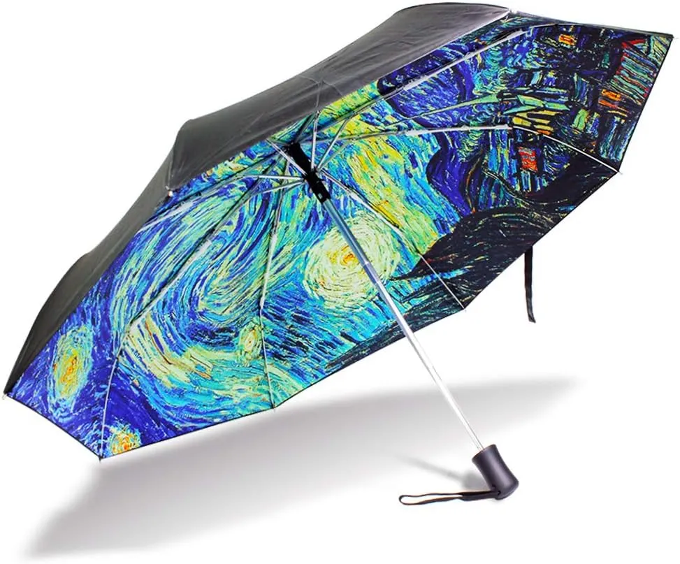 Outer Black Umbrella Painting Artwork Van Gogh's Starry Night UV Anti Lightweight Parasol Elegant Reverse 3 folding Drop Sturdy Umbrella Special Gifts for Business & Personal