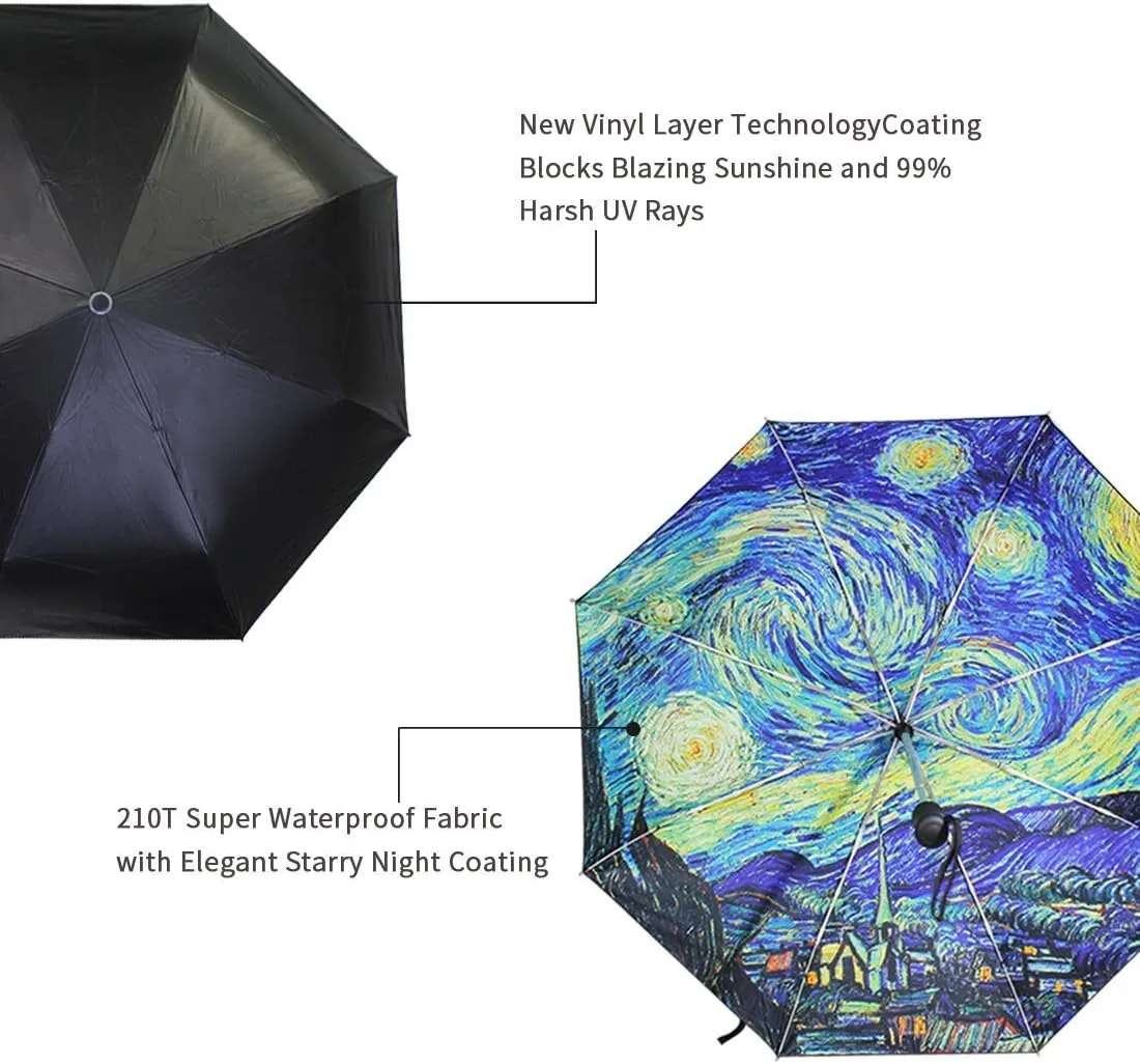 Outer Black Umbrella Painting Artwork Van Gogh's Starry Night UV Anti Lightweight Parasol Elegant Reverse 3 folding Drop Sturdy Umbrella Special Gifts for Business & Personal