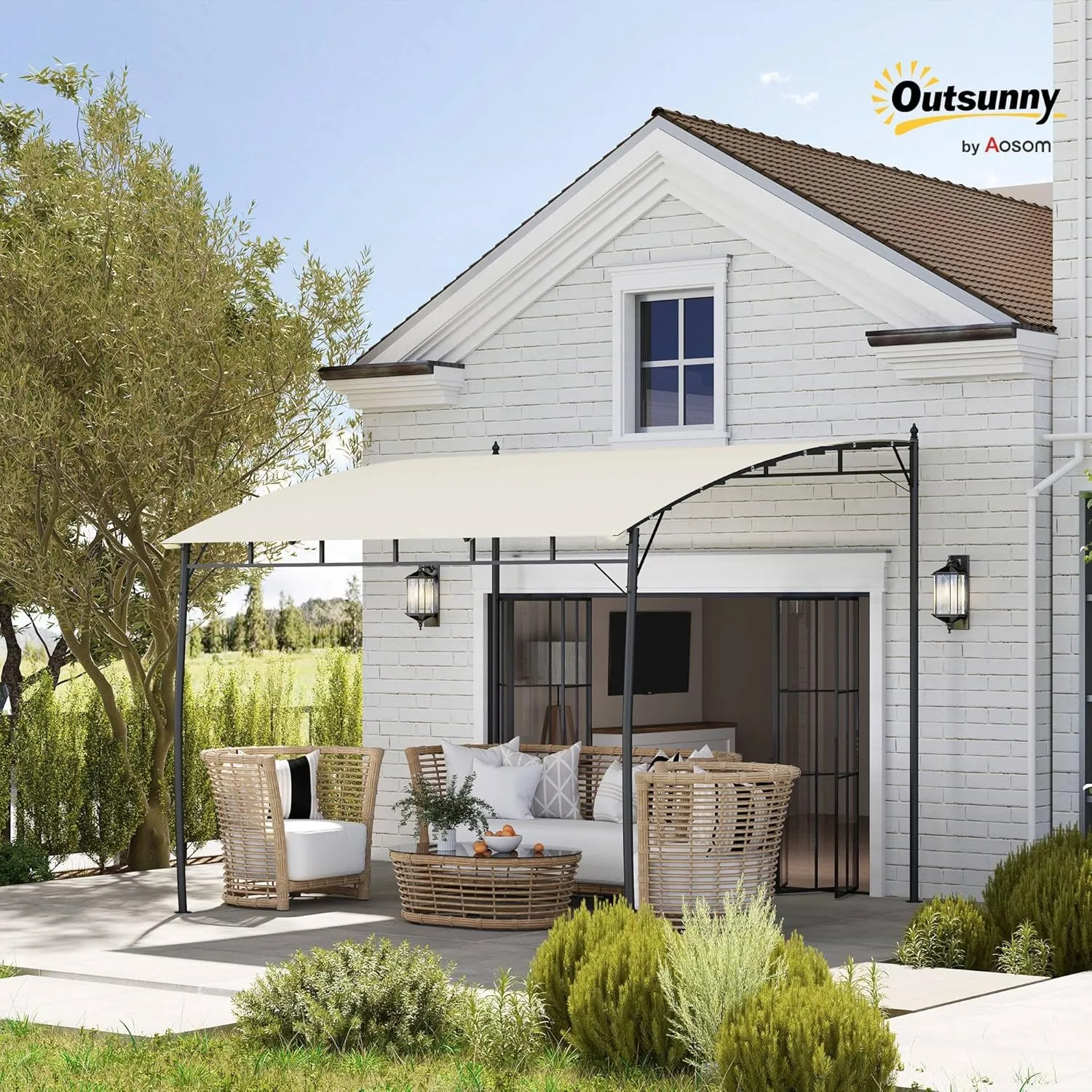 Outsunny 10' x 10' Outdoor Pergola Gazebo with UV-Resistant Canopy and Metal Frame, Sun Shade Shelter for Porch, Patio, Deck, Backyard, Cream White