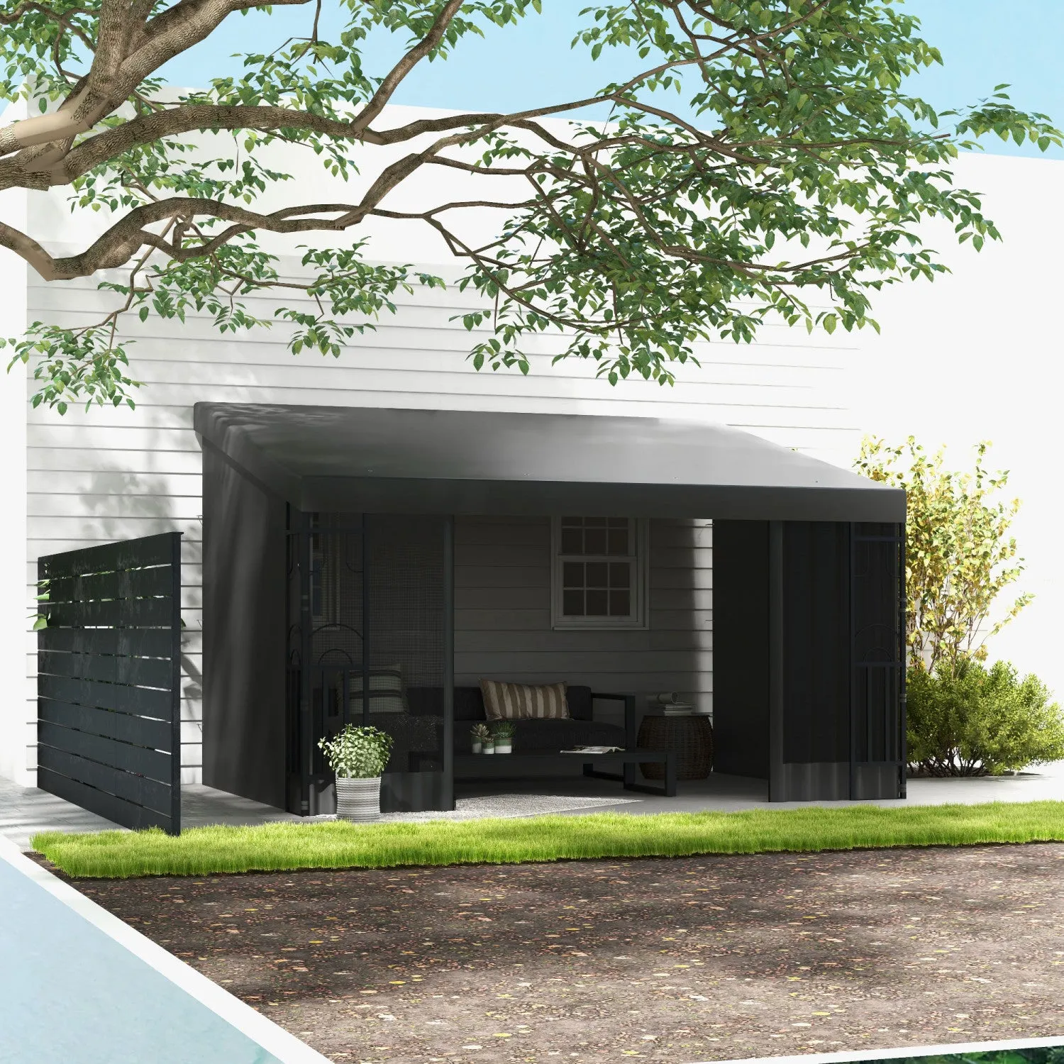 Outsunny 10' X 13' Lean To Outdoor Pergola Canopy With 2 Curtains And 2 Nettings, Wall Mounted Deck |Outsunny Pergola 10' X 13' Avec 2 Rideaux Et 2 Filets, Abri Solaire Mural Pour Terrasse, Resistant A