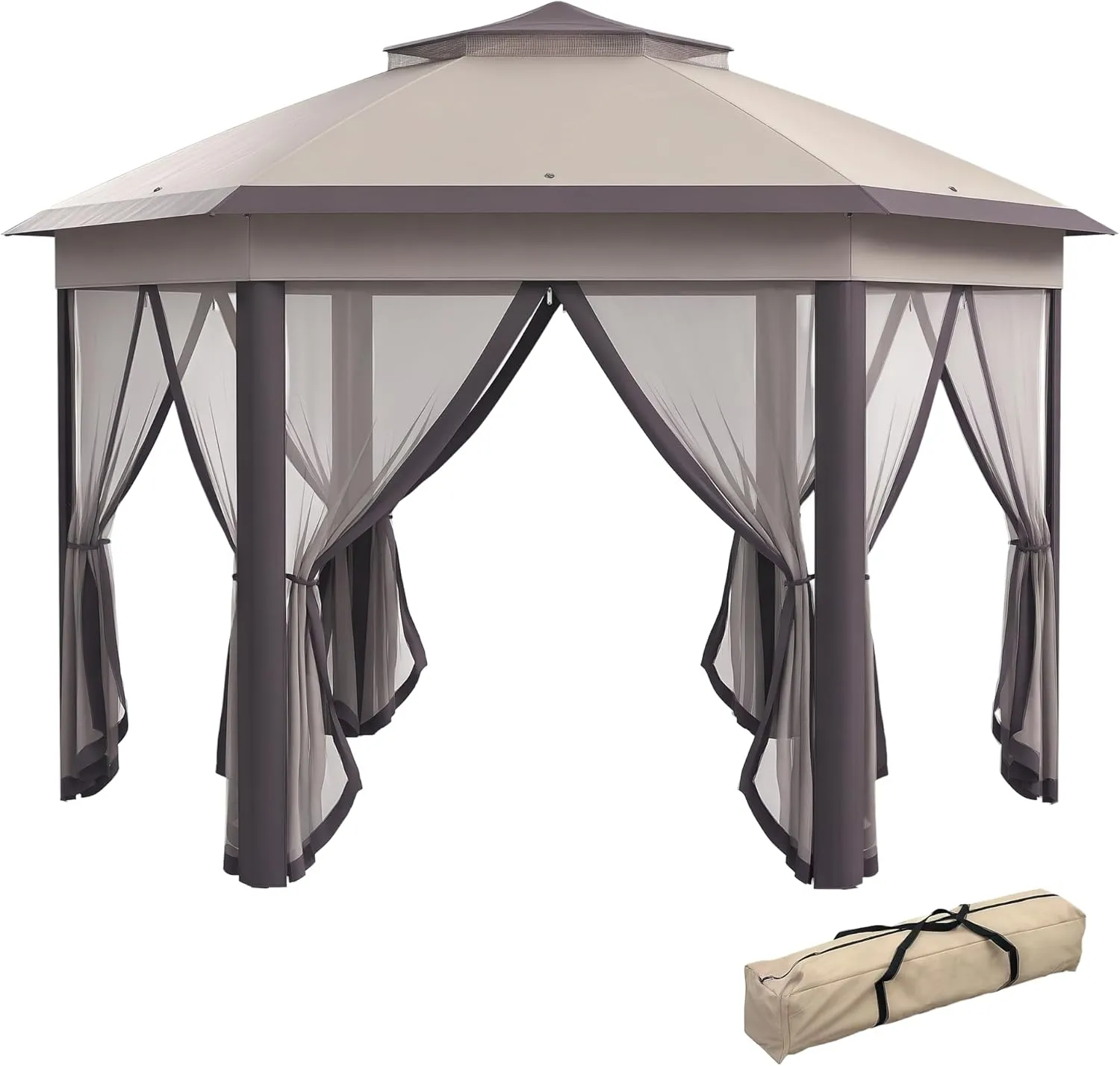 Outsunny 13' x 13' Pop Up Gazebo, Hexagonal Canopy Shelter with 6 Zippered Mesh Netting, Event Tent with Strong Steel Frame for Patio Backyard Garden Wedding Party, Coffee and Beige
