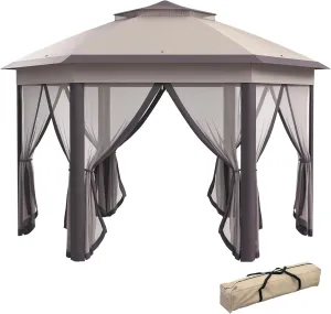 Outsunny 13' x 13' Pop Up Gazebo, Hexagonal Canopy Shelter with 6 Zippered Mesh Netting, Event Tent with Strong Steel Frame for Patio Backyard Garden Wedding Party, Coffee and Beige