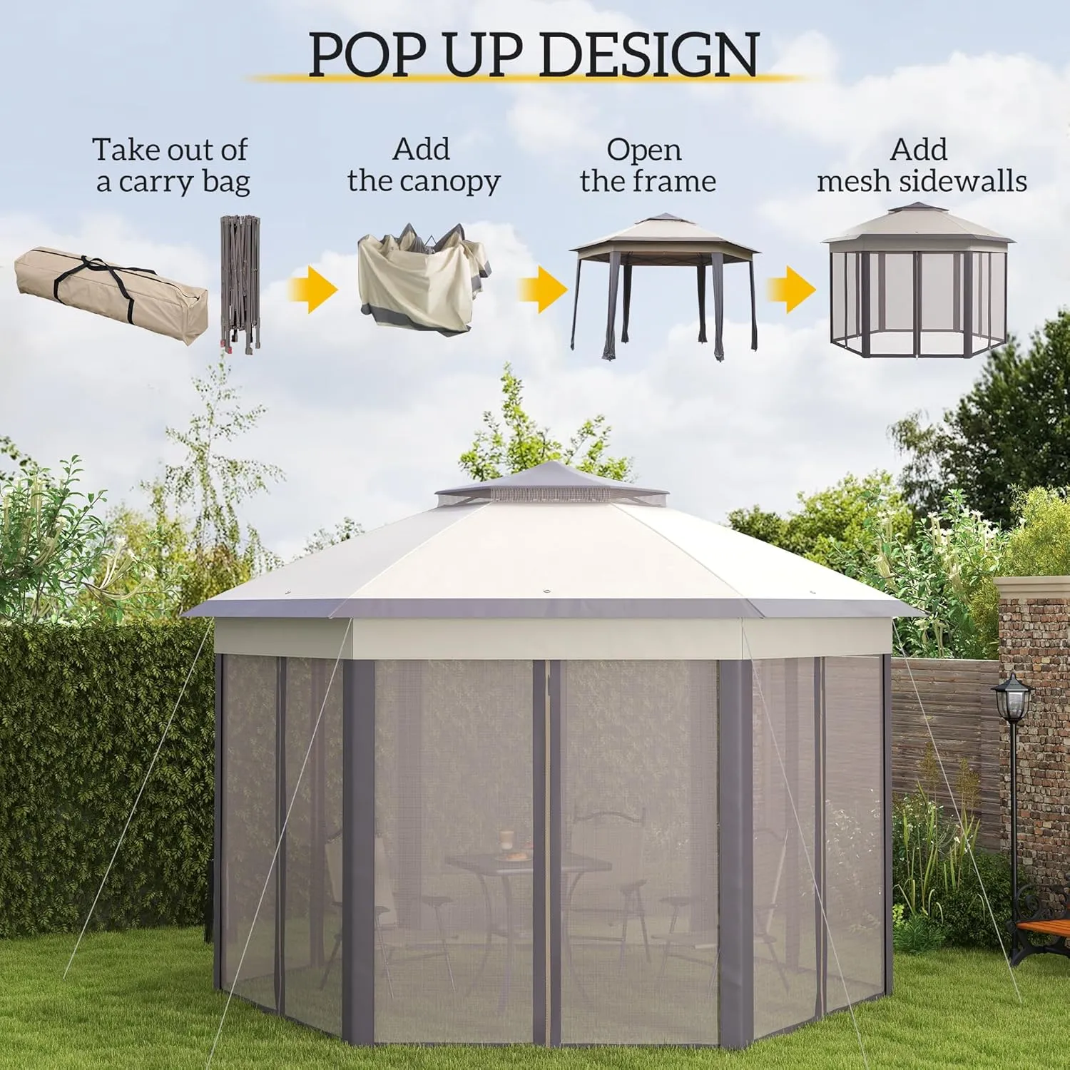 Outsunny 13' x 13' Pop Up Gazebo, Hexagonal Canopy Shelter with 6 Zippered Mesh Netting, Event Tent with Strong Steel Frame for Patio Backyard Garden Wedding Party, Coffee and Beige