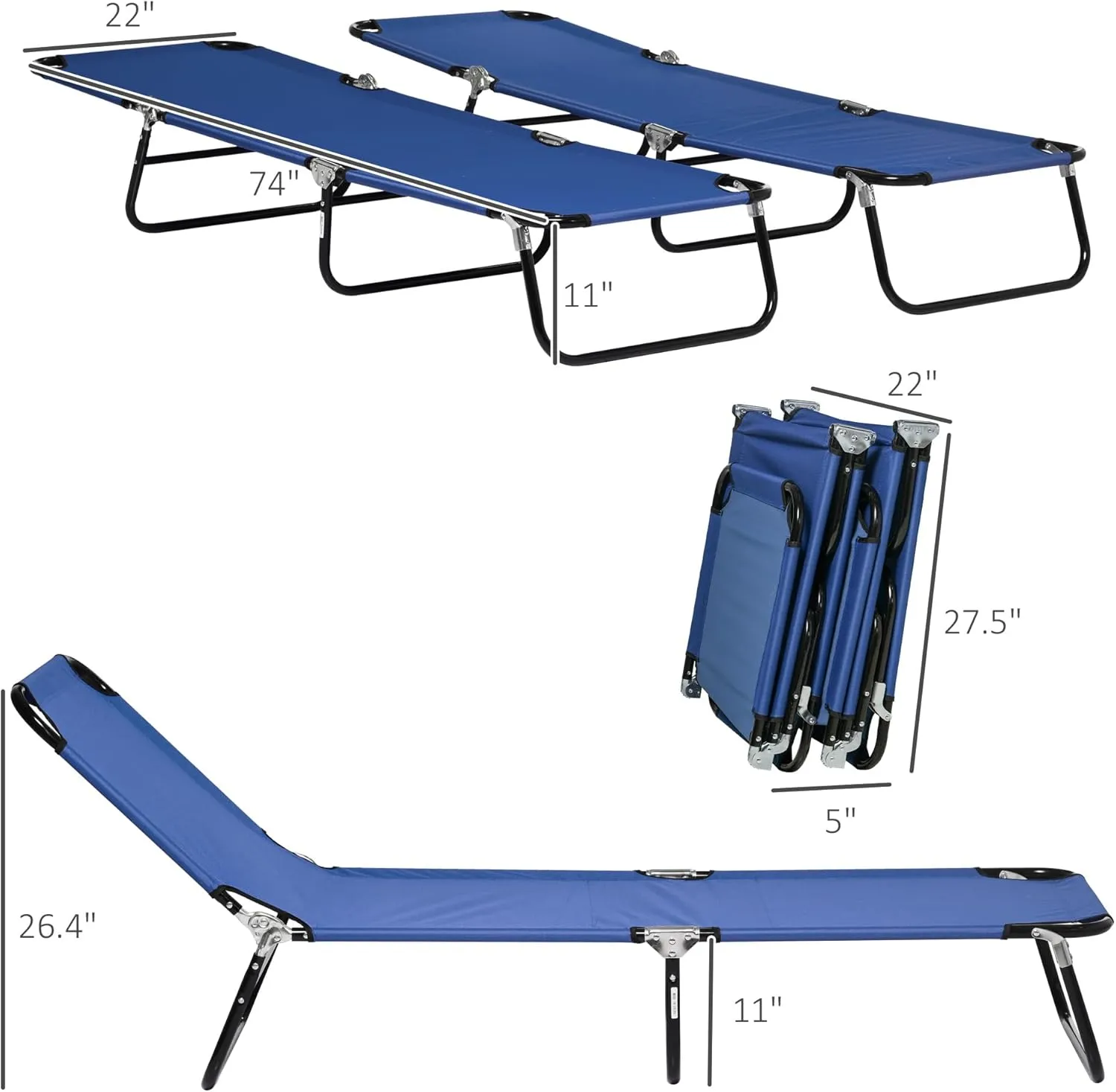 Outsunny 2 Piece Folding Chaise Lounge Pool Chairs, Outdoor Sun Tanning Chairs with 5-Level Reclining Back, Steel Frame for Beach, Yard, Patio, Blue