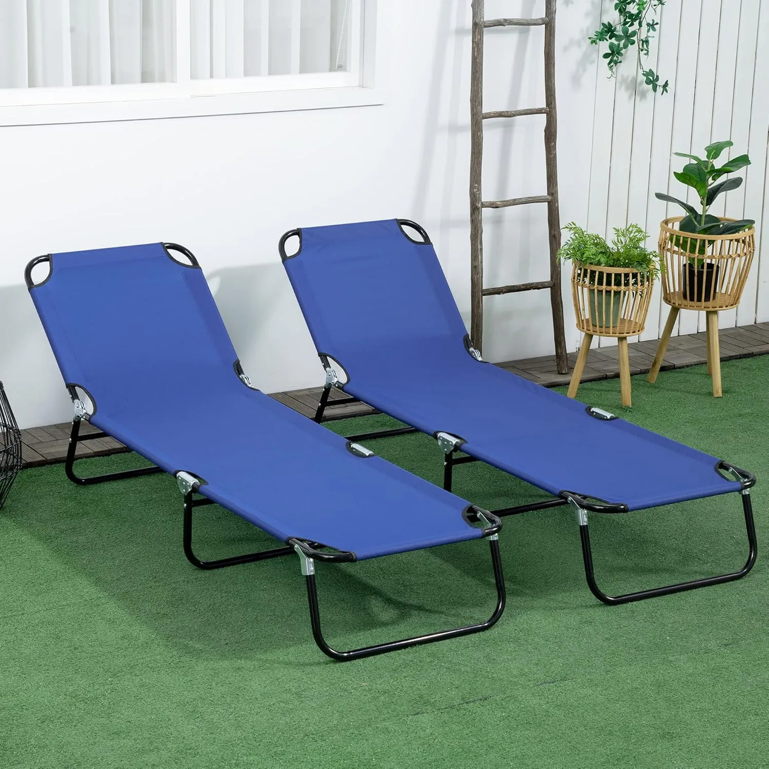 Outsunny 2 Piece Folding Chaise Lounge Pool Chairs, Outdoor Sun Tanning Chairs with 5-Level Reclining Back, Steel Frame for Beach, Yard, Patio, Blue