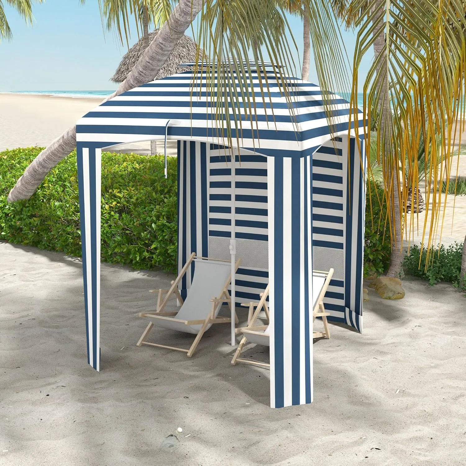 Outsunny 5.8' x 5.8' Portable Beach Umbrella with Double-Top, Ruffled Outdoor Cabana with Walls, Vents, Sandbags, Carry Bag