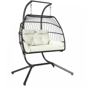 Outsunny Double Hanging Egg Chair, Foldable Hammock Chair, Cream White