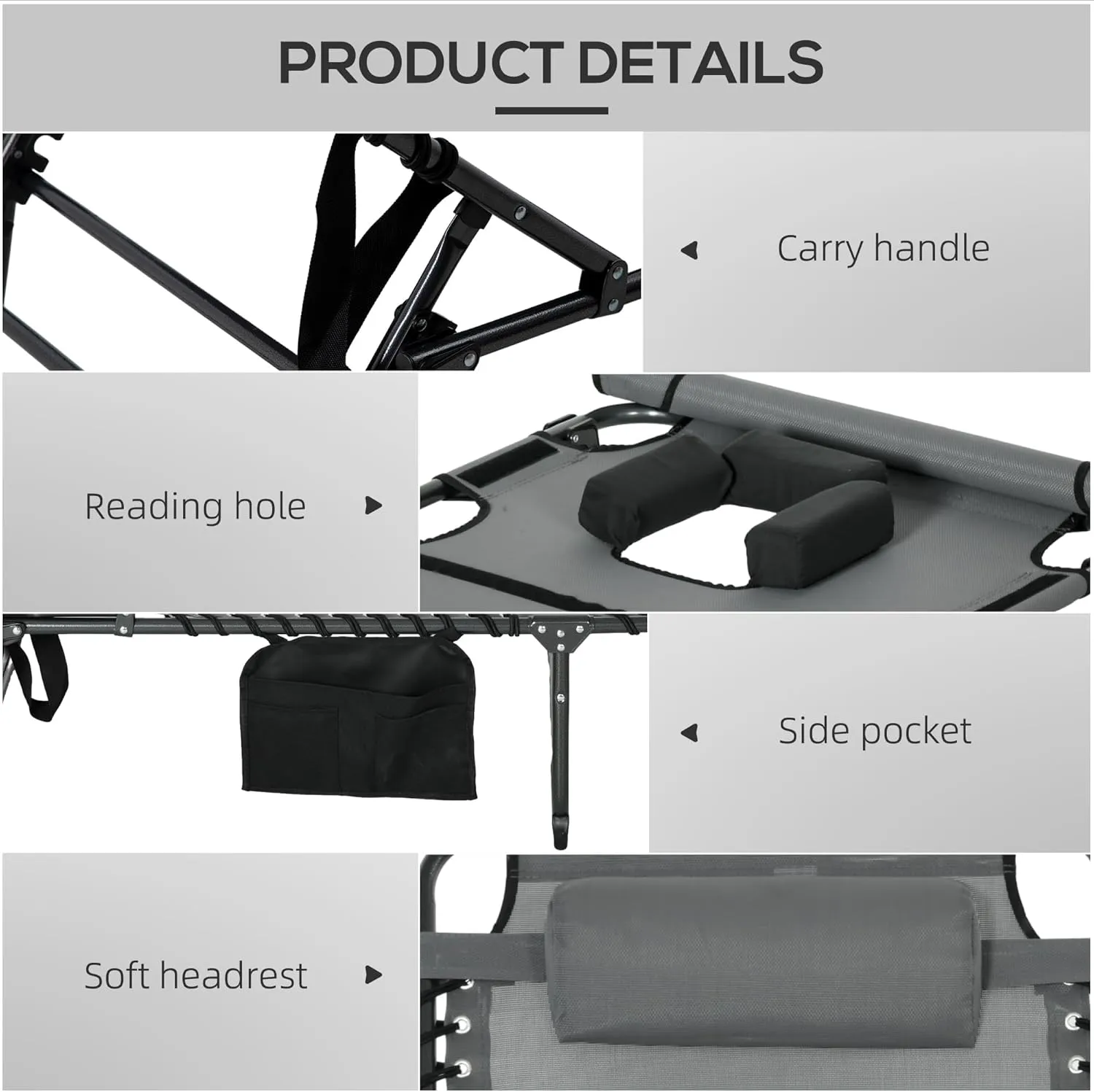 Outsunny Folding Chaise Lounge with 5-Level Reclining Back, Tanning Chair with Face Hole, Outdoor Lounge Chair with Side Pocket & Headrest for Beach, Yard, Patio, Gray