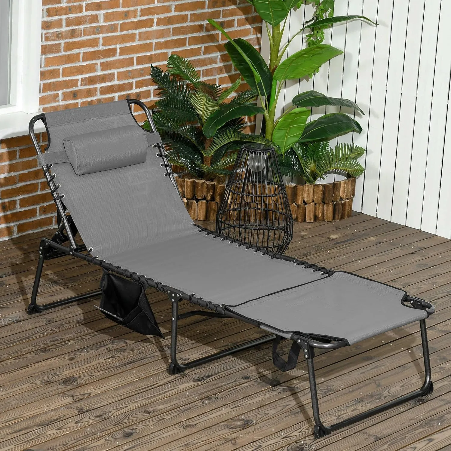 Outsunny Folding Chaise Lounge with 5-Level Reclining Back, Tanning Chair with Face Hole, Outdoor Lounge Chair with Side Pocket & Headrest for Beach, Yard, Patio, Gray