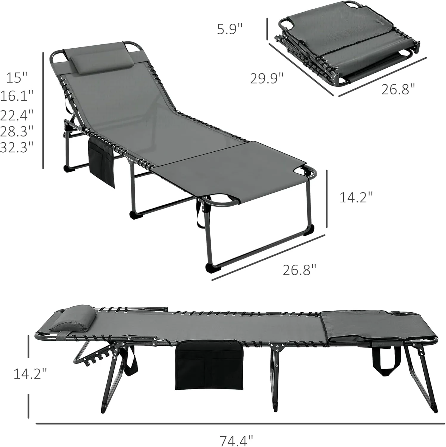 Outsunny Folding Chaise Lounge with 5-Level Reclining Back, Tanning Chair with Face Hole, Outdoor Lounge Chair with Side Pocket & Headrest for Beach, Yard, Patio, Gray