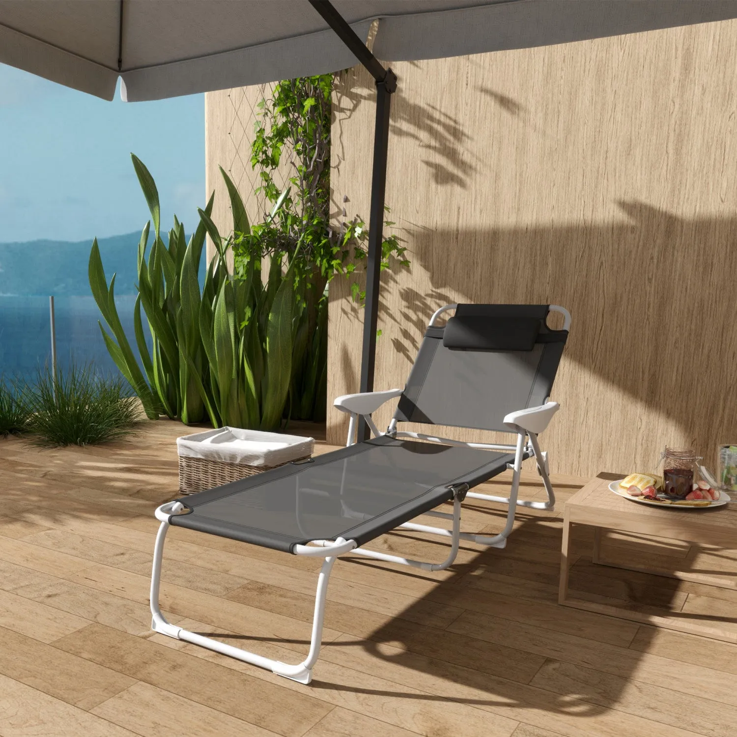 Outsunny Outdoor Lounge Chair With Adjustable Backrest, Charcoal Grey