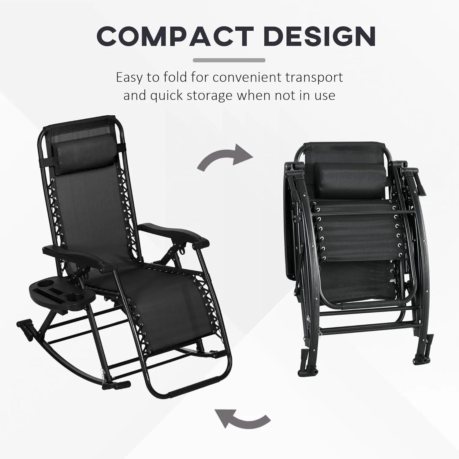 Outsunny Set of 2 Outdoor Rocking Chairs, Foldable Reclining Zero Gravity Lounge Rocker with Pillow, Cup & Phone Holder, Combo Design with Folding Legs, Black