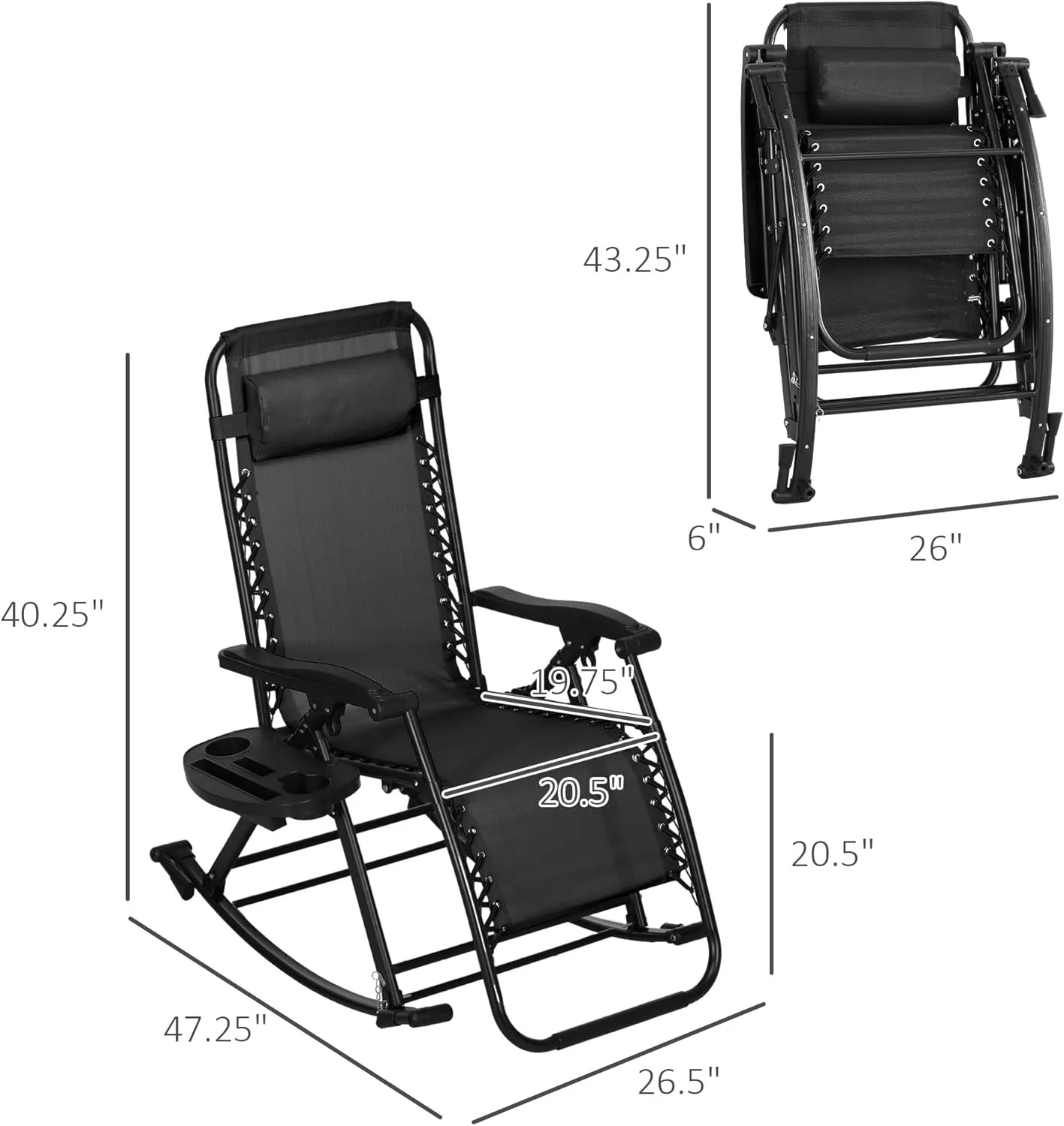 Outsunny Set of 2 Outdoor Rocking Chairs, Foldable Reclining Zero Gravity Lounge Rocker with Pillow, Cup & Phone Holder, Combo Design with Folding Legs, Black