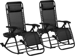 Outsunny Set of 2 Outdoor Rocking Chairs, Foldable Reclining Zero Gravity Lounge Rocker with Pillow, Cup & Phone Holder, Combo Design with Folding Legs, Black