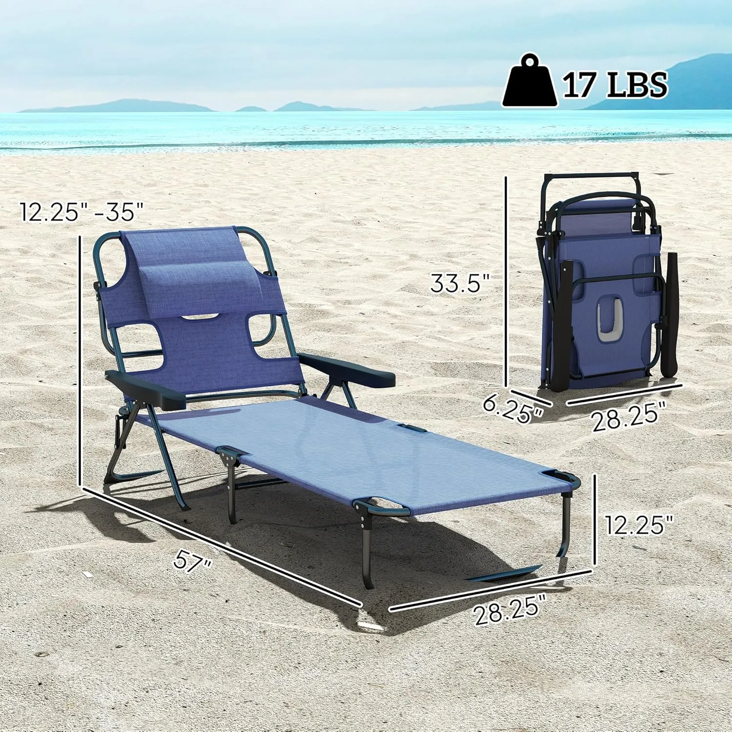 Outsunny Tanning Chaise Lounge Chair, 4-Position Beach Chair with Face & Arm Holes, Pillow headrest, Adjustable Sunbathing Chair, Gray