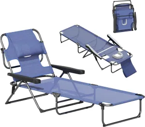 Outsunny Tanning Chaise Lounge Chair, 4-Position Beach Chair with Face & Arm Holes, Pillow headrest, Adjustable Sunbathing Chair, Gray