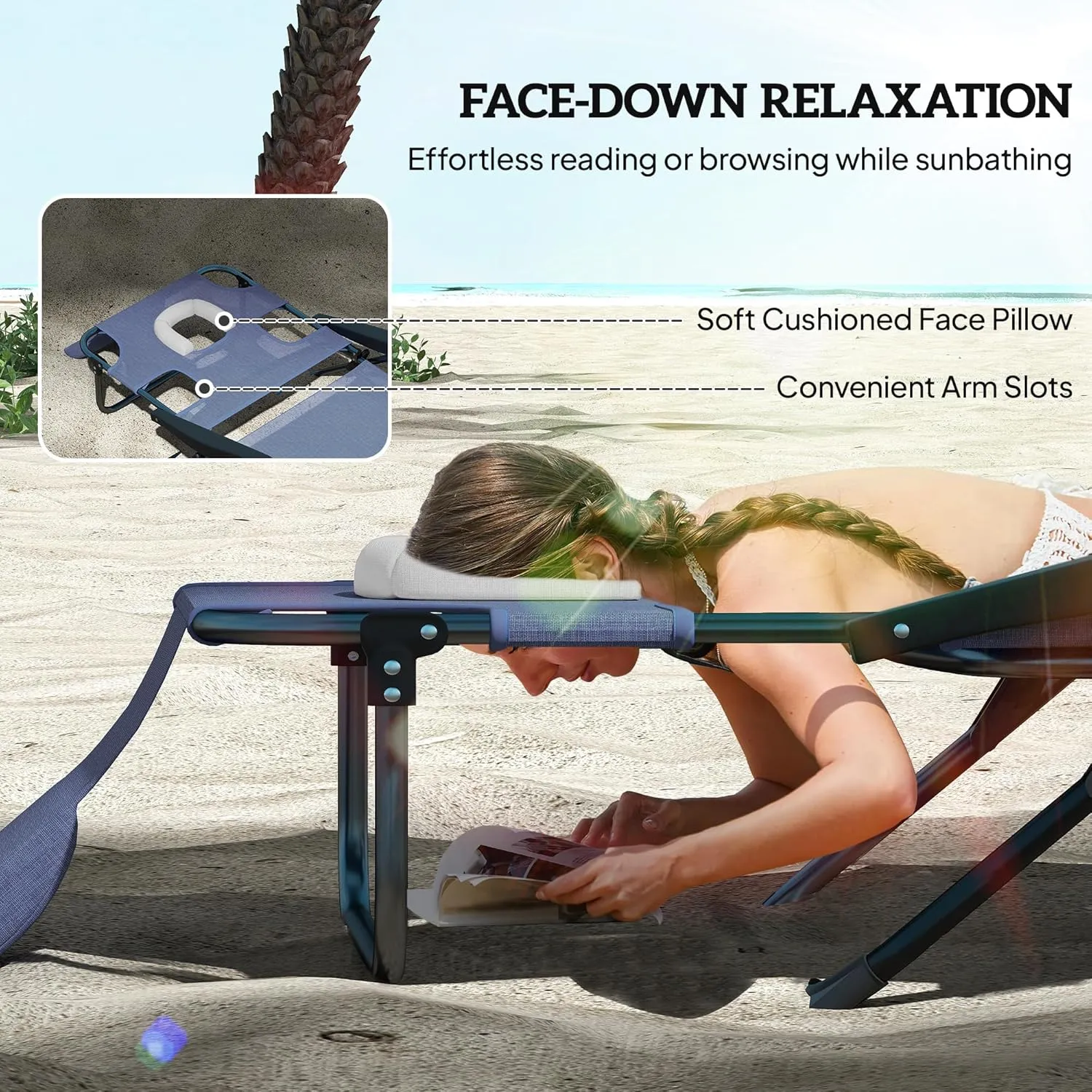 Outsunny Tanning Chaise Lounge Chair, 4-Position Beach Chair with Face & Arm Holes, Pillow headrest, Adjustable Sunbathing Chair, Gray