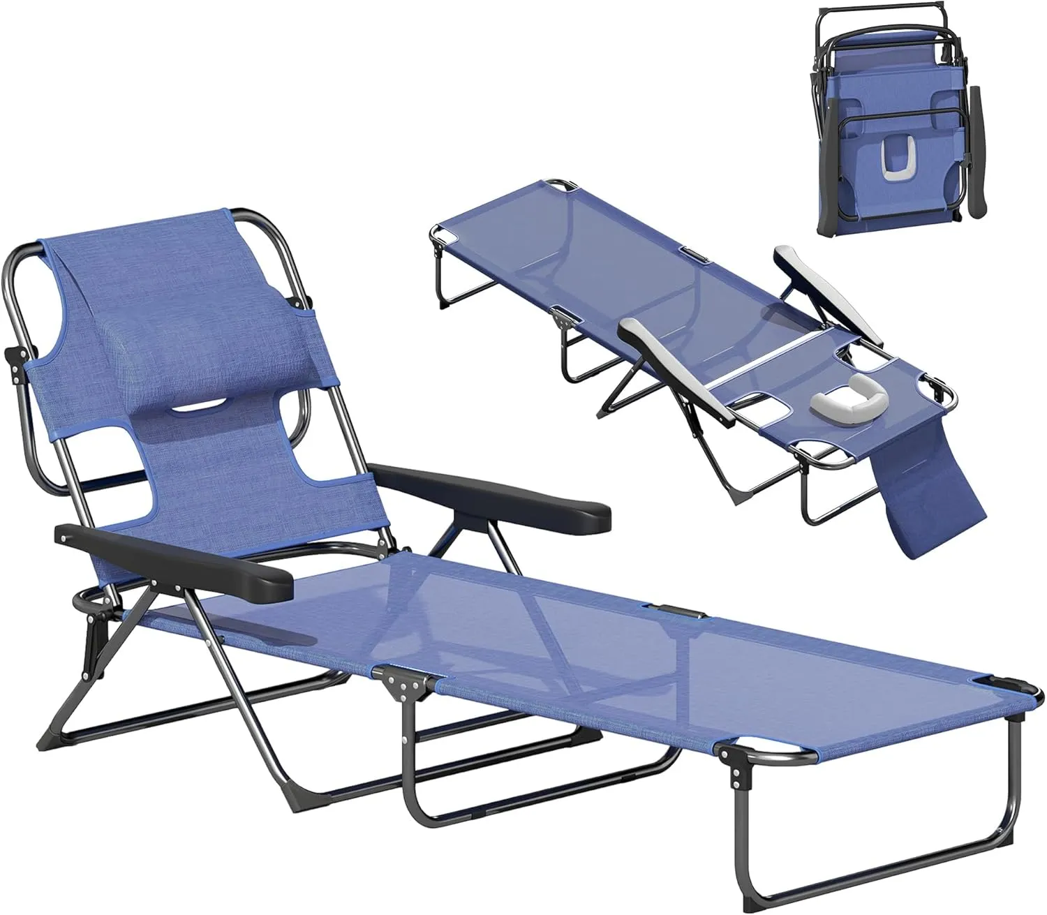 Outsunny Tanning Chaise Lounge Chair, 4-Position Beach Chair with Face & Arm Holes, Pillow headrest, Adjustable Sunbathing Chair, Gray