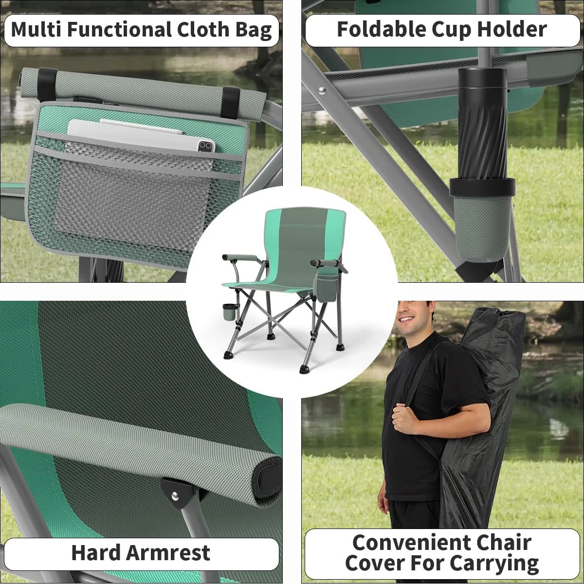 Oversized Camping Chair for Adults Heavy Duty,Heavy Duty Lawn Chair with Side Pockets,Outdoor Camping, Fishing, Beach, Hiking Foldable Camping Chair (1, Grey Light Blue, Extra Large)