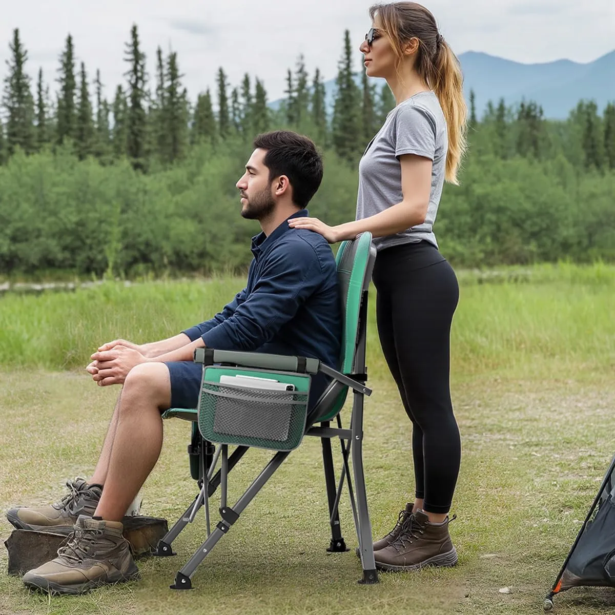 Oversized Camping Chair for Adults Heavy Duty,Heavy Duty Lawn Chair with Side Pockets,Outdoor Camping, Fishing, Beach, Hiking Foldable Camping Chair (1, Grey Light Blue, Extra Large)