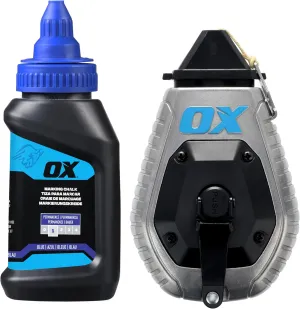 OX Pro 100ft Contractor Aluminum Chalk Line with 4oz Chalk Powder Refill - 6:1 Gear Ratio with Bold Kevlar Chalk Reel Tool - Pointed Tip Marking Tool OX-P630701