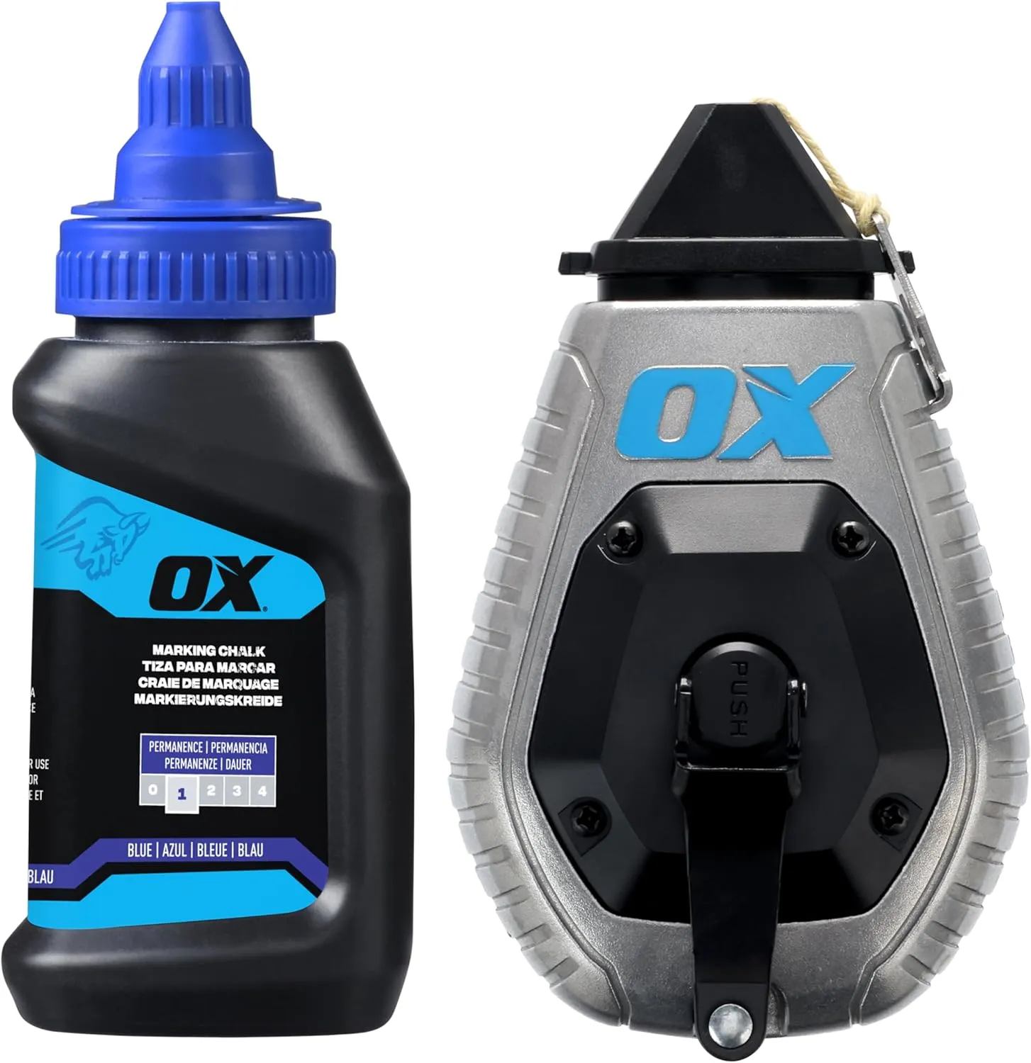 OX Pro 100ft Contractor Aluminum Chalk Line with 4oz Chalk Powder Refill - 6:1 Gear Ratio with Bold Kevlar Chalk Reel Tool - Pointed Tip Marking Tool OX-P630701