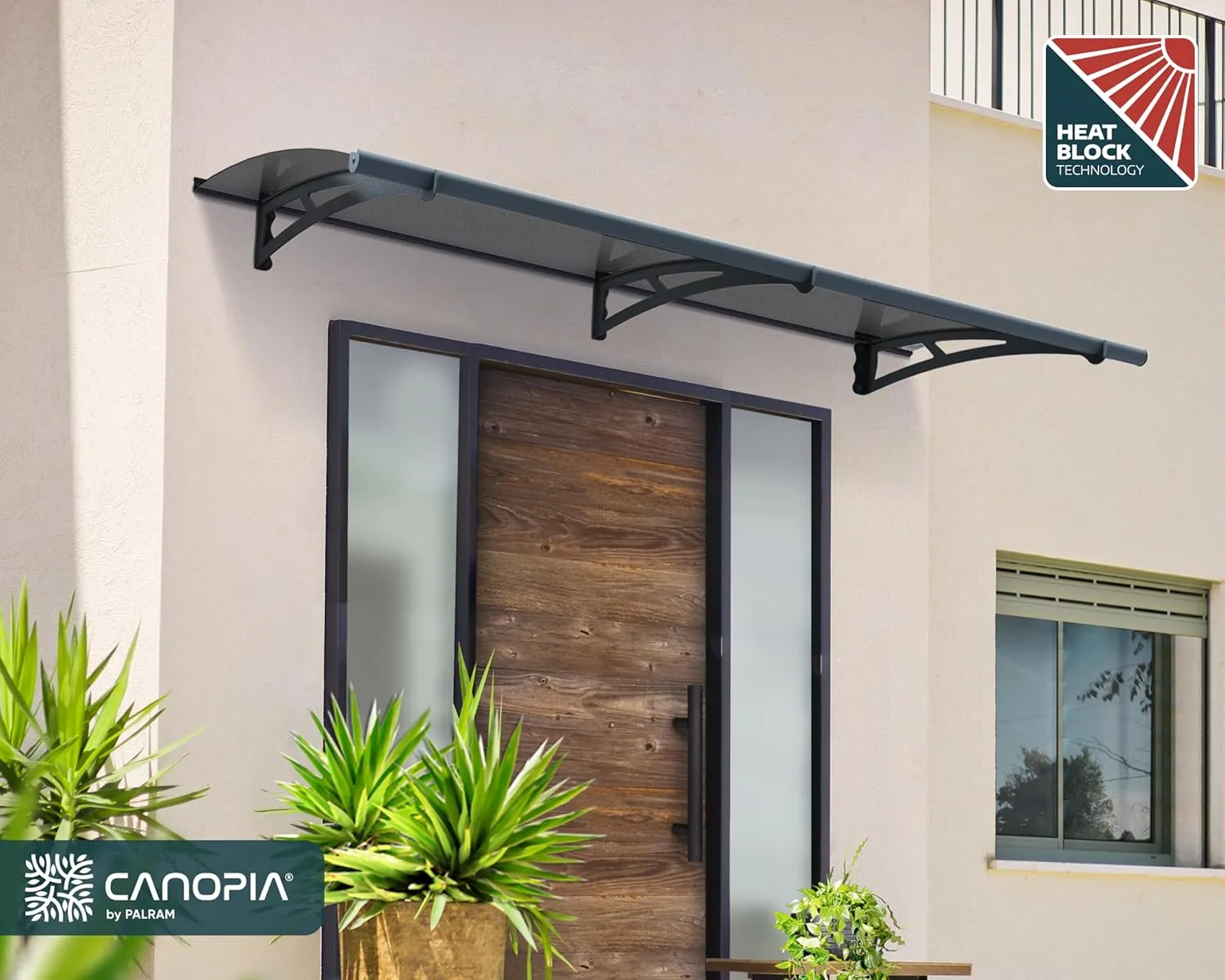 Palram-Canopia Aquila 2050 7x3 Door Awning for Door Entrance, High-End Polycarbonate Window Awning with Solar Gray Panels, UV Protection, Modern Metal Frame, Weather Resistant Overhang, DIY Exterior
