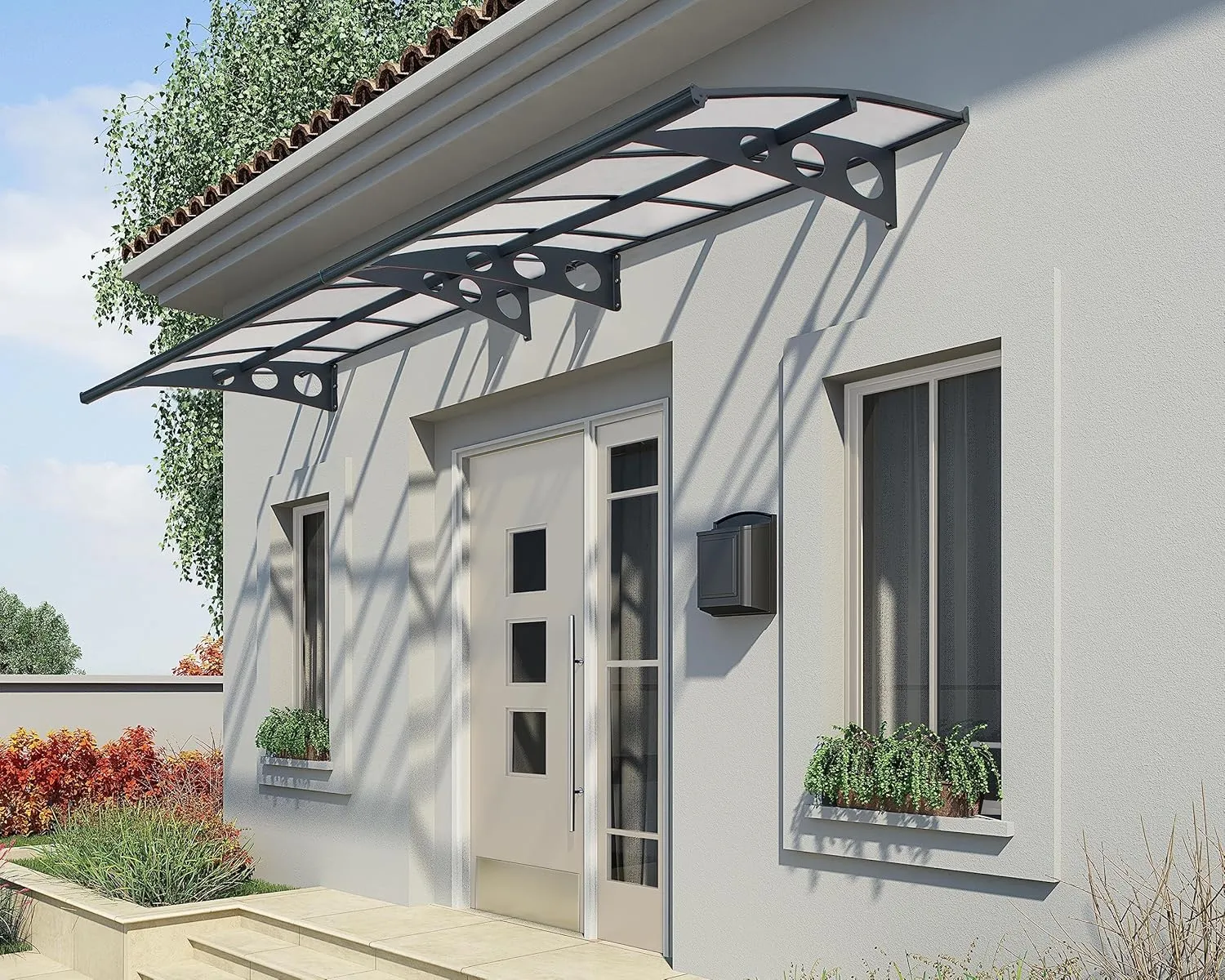 Palram - Canopia Herald 4460 15 Ft. x 5 Ft. Awning Durable Steel Support, Aluminum Trim, and Polycarbonate Panels with UV Protection Rain & Snow Redirect Channels for Element Protection (Gray/Mist)