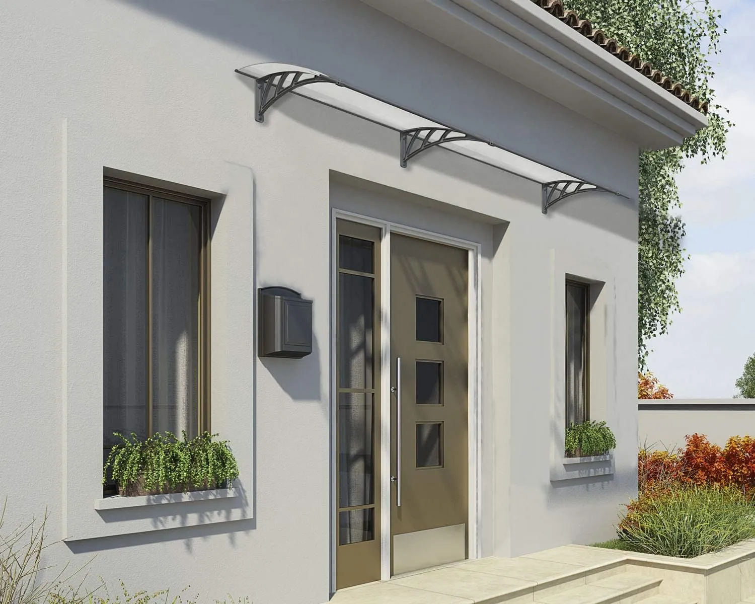 Palram - Canopia Neo 2700-9' x 3' Window & Door Awning for Door Entrance, High-End Polycarbonate Patio Canopy with Clear Panels, UV Protection, Modern Gray Metal Frame, Weather Resistant Overhang