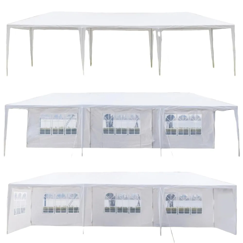 Party Tent, 5-sided removable walls, white waterproof. 3x9m canopy for weddings, events. Spiral tubes, patio, backyard, porch, garden, beach use.