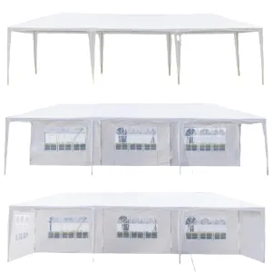 Party Tent, 5-sided removable walls, white waterproof. 3x9m canopy for weddings, events. Spiral tubes, patio, backyard, porch, garden, beach use.