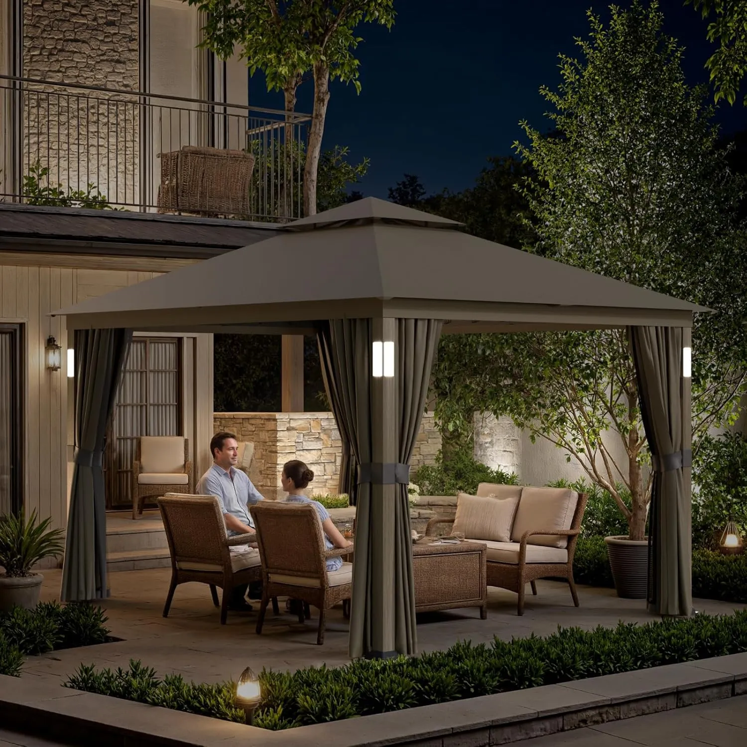 Patio Gazebo 10x12, Outdoor Gazebos, Heavy Duty Gazebo Soft Top Gazebos, Anti-UV Shelter with Privacy Curtains and Netting, Metal Frame Canopy with Double Roofs for Patio Deck Backyard Garden Lawns