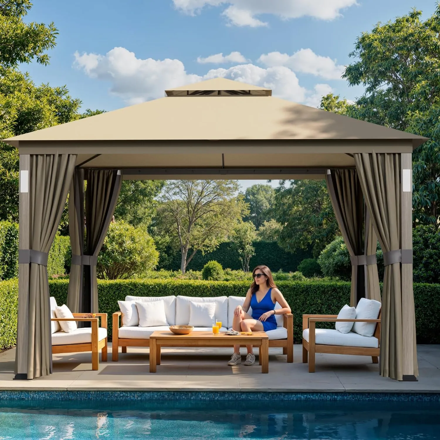 Patio Gazebo 10x12, Outdoor Gazebos, Heavy Duty Gazebo Soft Top Gazebos, Anti-UV Shelter with Privacy Curtains and Netting, Metal Frame Canopy with Double Roofs for Patio Deck Backyard Garden Lawns