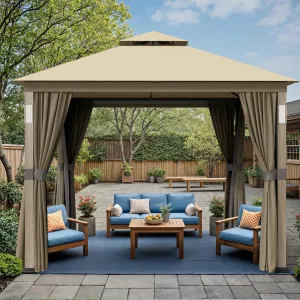 Patio Gazebo 10x12, Outdoor Gazebos, Heavy Duty Gazebo Soft Top Gazebos, Anti-UV Shelter with Privacy Curtains and Netting, Metal Frame Canopy with Double Roofs for Patio Deck Backyard Garden Lawns