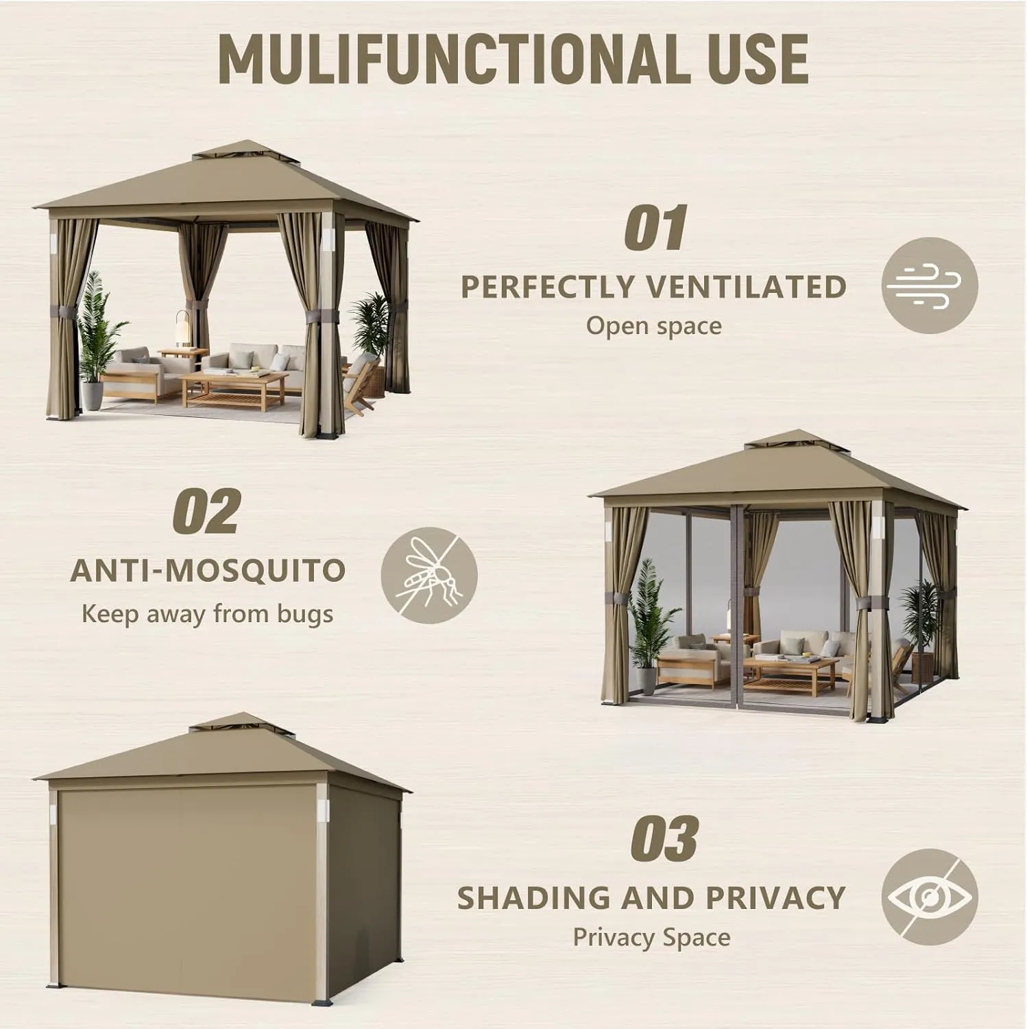 Patio Gazebo 10x12, Outdoor Gazebos, Heavy Duty Gazebo Soft Top Gazebos, Anti-UV Shelter with Privacy Curtains and Netting, Metal Frame Canopy with Double Roofs for Patio Deck Backyard Garden Lawns