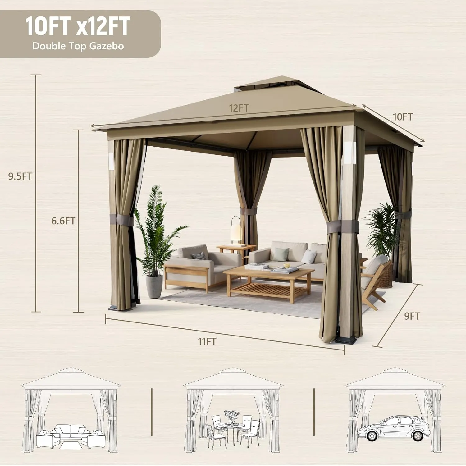 Patio Gazebo 10x12, Outdoor Gazebos, Heavy Duty Gazebo Soft Top Gazebos, Anti-UV Shelter with Privacy Curtains and Netting, Metal Frame Canopy with Double Roofs for Patio Deck Backyard Garden Lawns