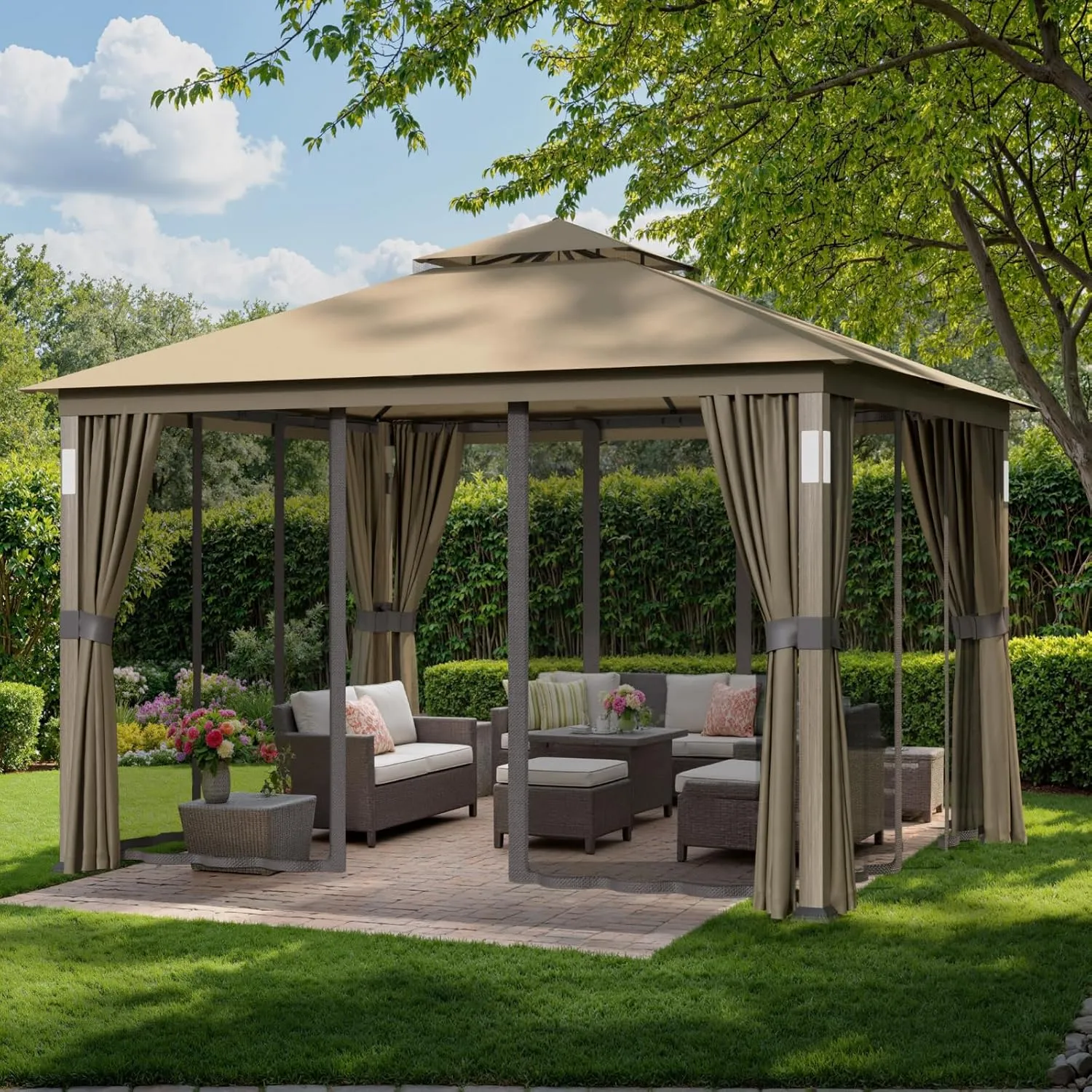 Patio Gazebo 10x12, Outdoor Gazebos, Heavy Duty Gazebo Soft Top Gazebos, Anti-UV Shelter with Privacy Curtains and Netting, Metal Frame Canopy with Double Roofs for Patio Deck Backyard Garden Lawns