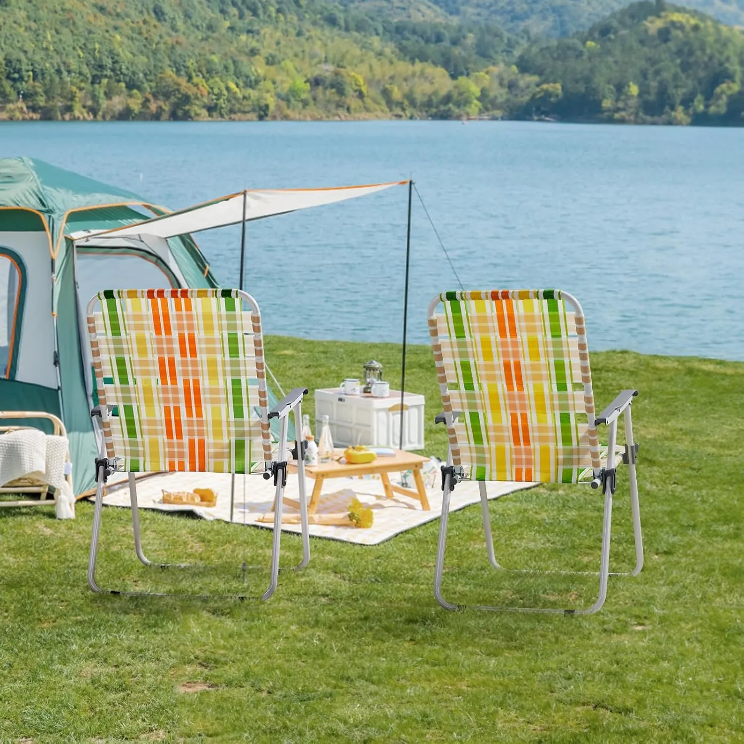 Patio Lawn Chairs Folding Set of 2, Webbed Folding Camping Chair Outdoor Beach Chair Portable Camping Chair Patio Pool Beach Lawn for Yard, Garden,Indoor/Outdoor (Blue)