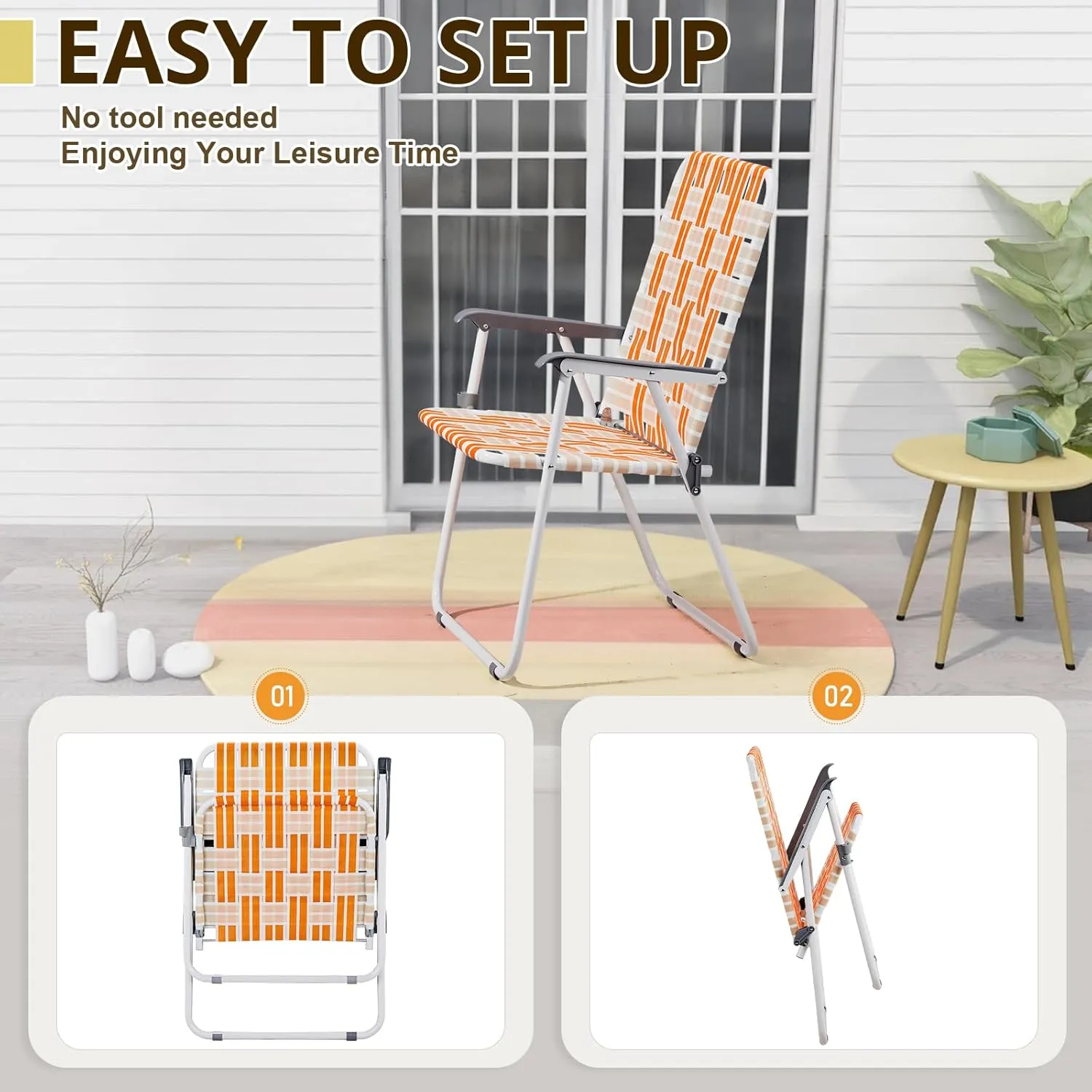Patio Lawn Chairs Folding Set of 2, Webbed Folding Camping Chair Outdoor Beach Chair Portable Patio Pool Beach Lawn Chair for Yard, Garden,Indoor/Outdoor (Orange & White)