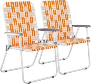 Patio Lawn Chairs Folding Set of 2, Webbed Folding Camping Chair Outdoor Beach Chair Portable Patio Pool Beach Lawn Chair for Yard, Garden,Indoor/Outdoor (Orange & White)