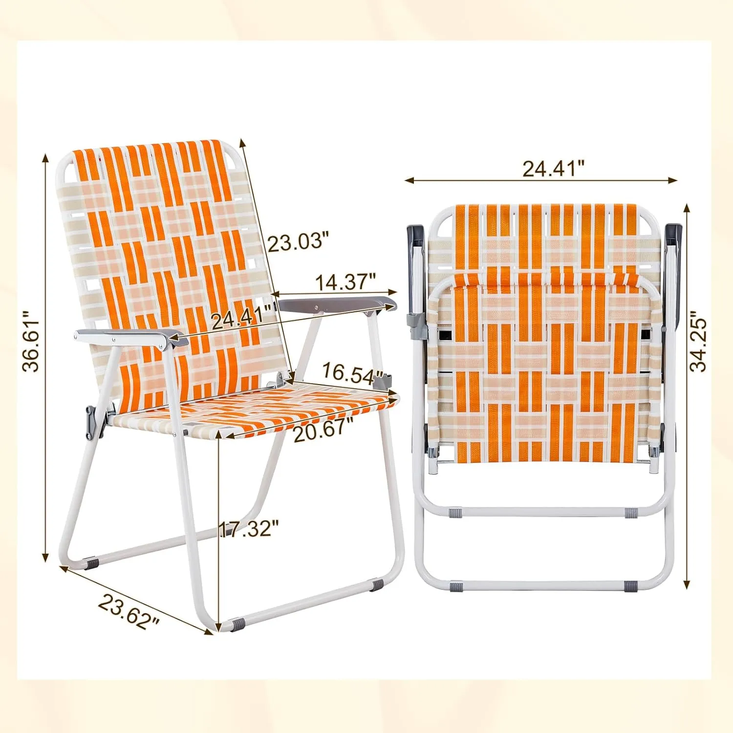 Patio Lawn Chairs Folding Set of 2, Webbed Folding Camping Chair Outdoor Beach Chair Portable Patio Pool Beach Lawn Chair for Yard, Garden,Indoor/Outdoor (Orange & White)